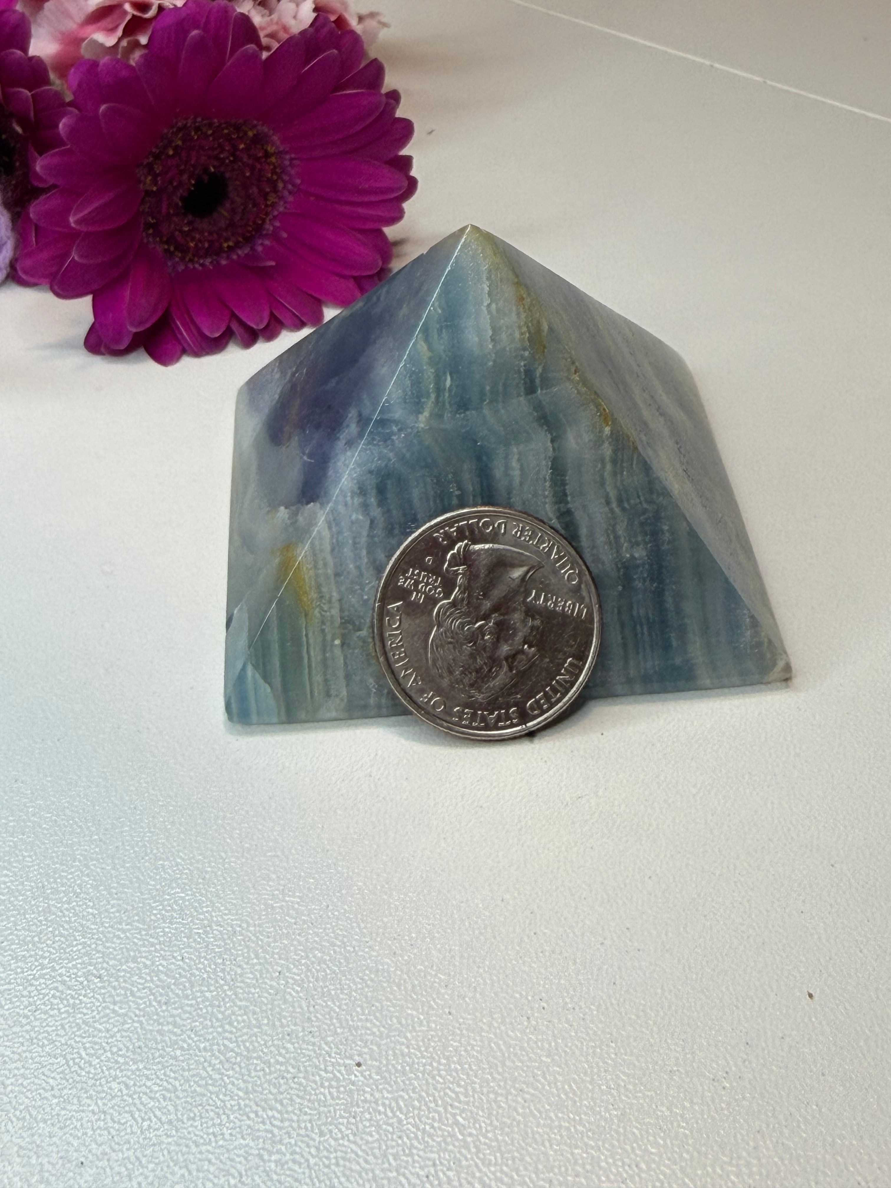 Imperfect Blue Onyx Pyramid - Natural Banded Stone Carving for Home Decor