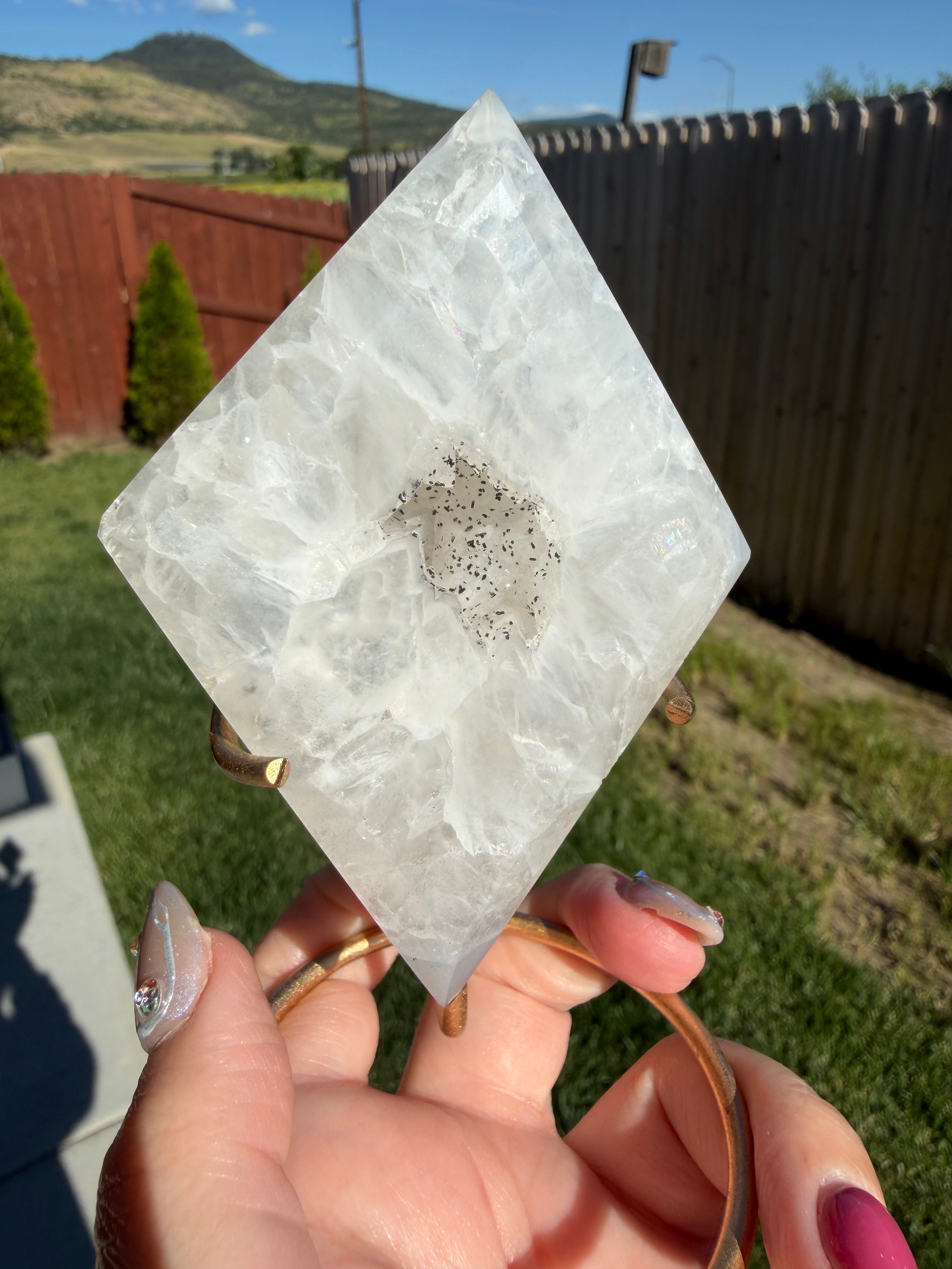 Druzy Quartz Crystal Diamond Carving on Gold Stand