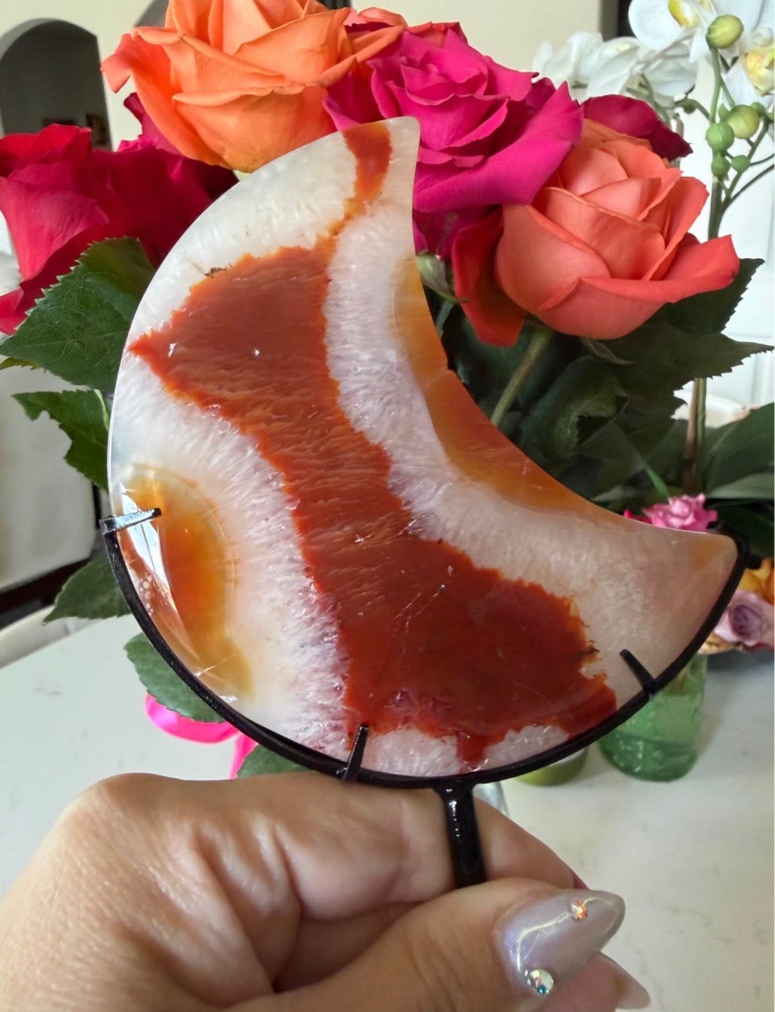 Beautiful Carnelian Agate Crescent Moon on Stand - Orange Red Natural Stone Decor
