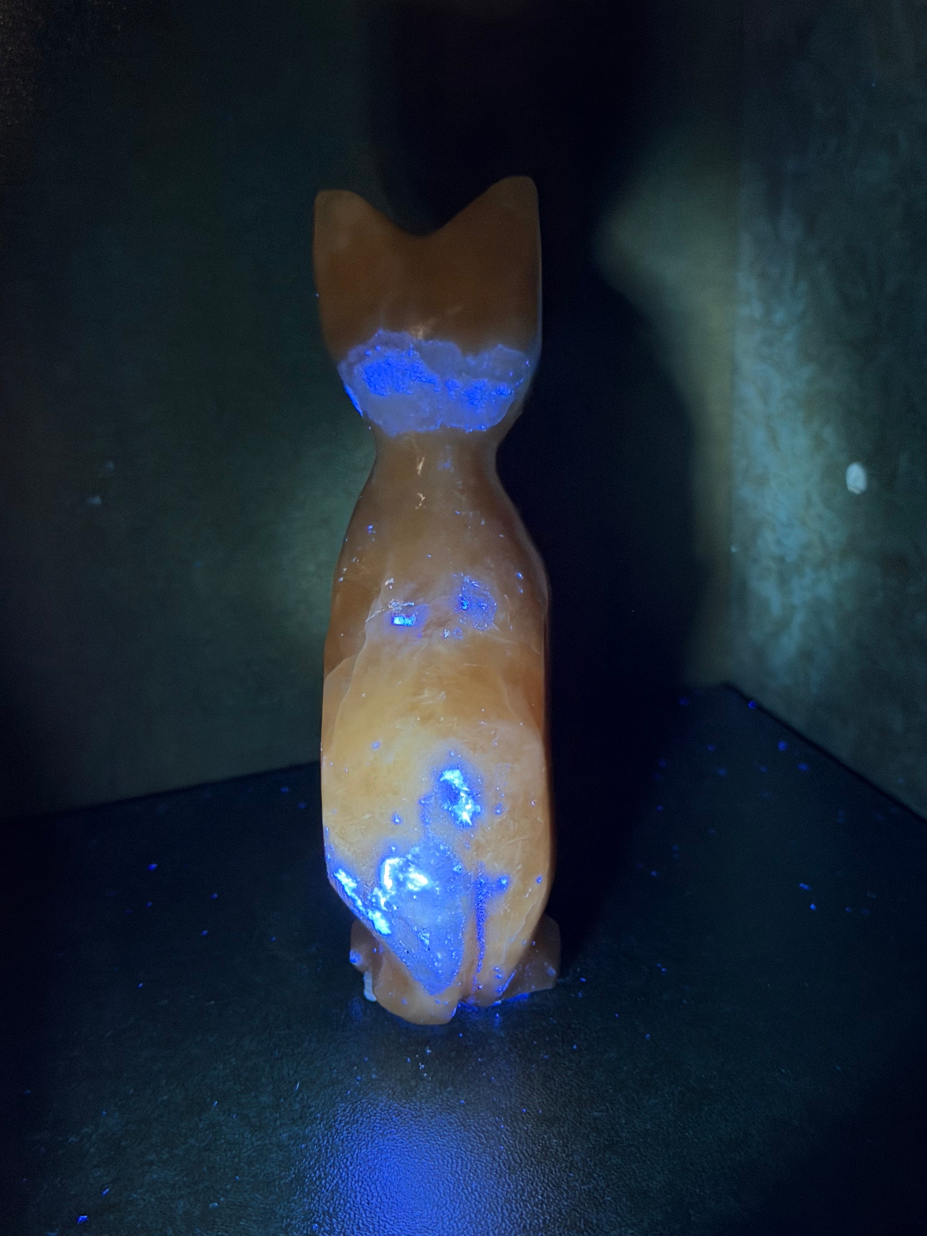 Orange Calcite Cat Carving - UV Reactive Fluorescent Stone Figurine