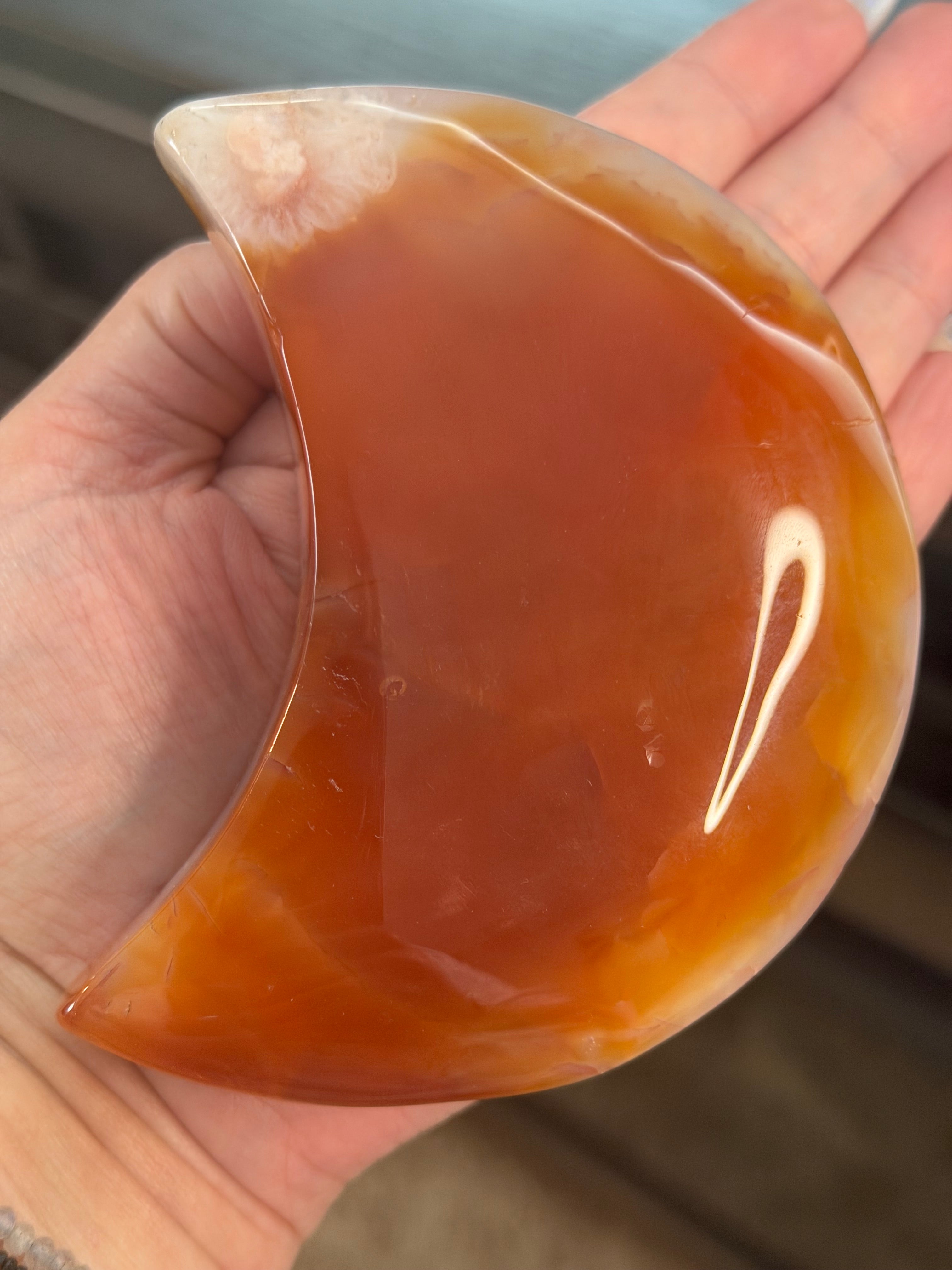 Carnelian Agate Crescent Moon on Stand - Natural Orange Stone 7" Display