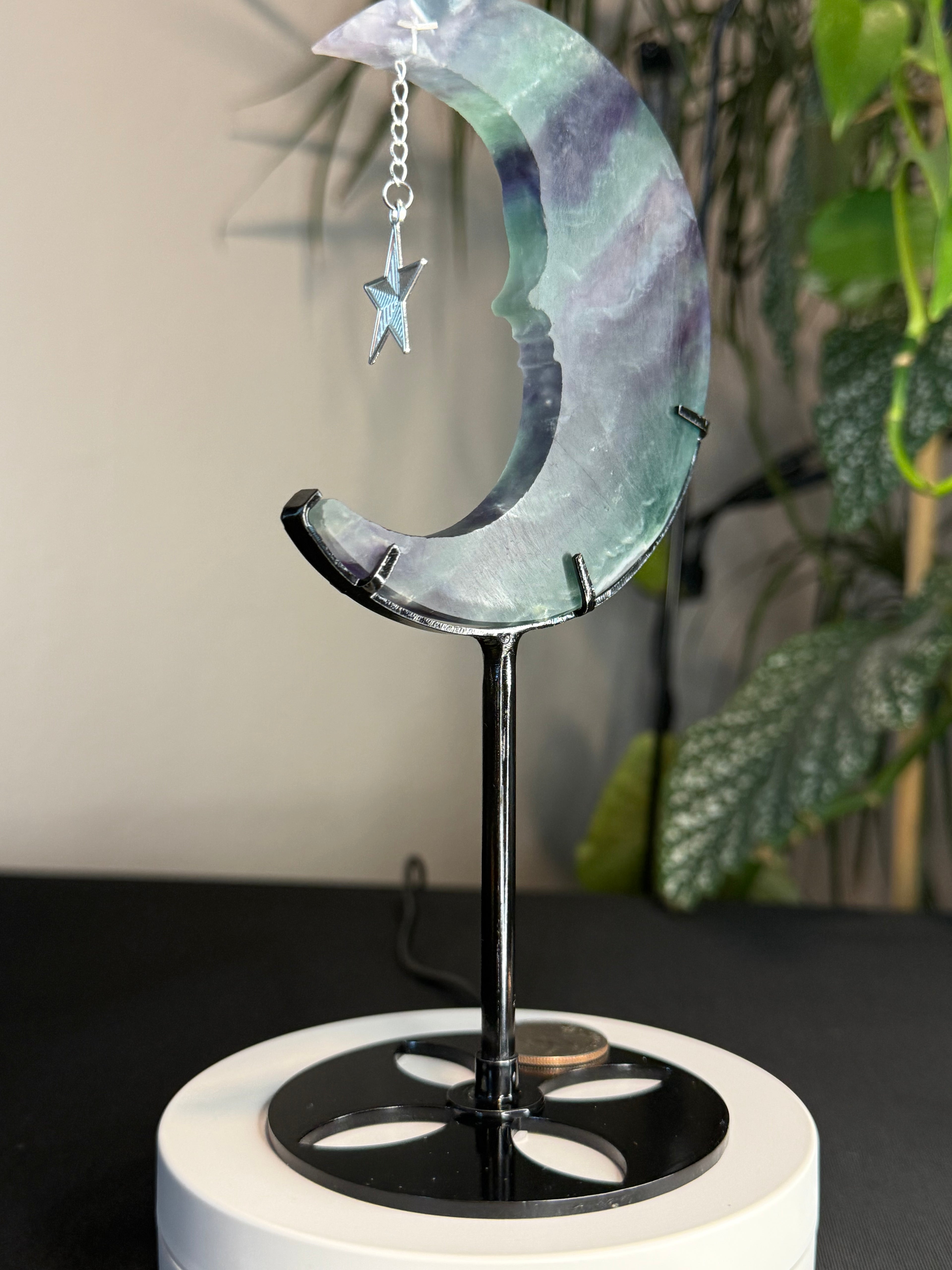 Beautiful Fluorite
Moon Carving with Dangling Metal Star