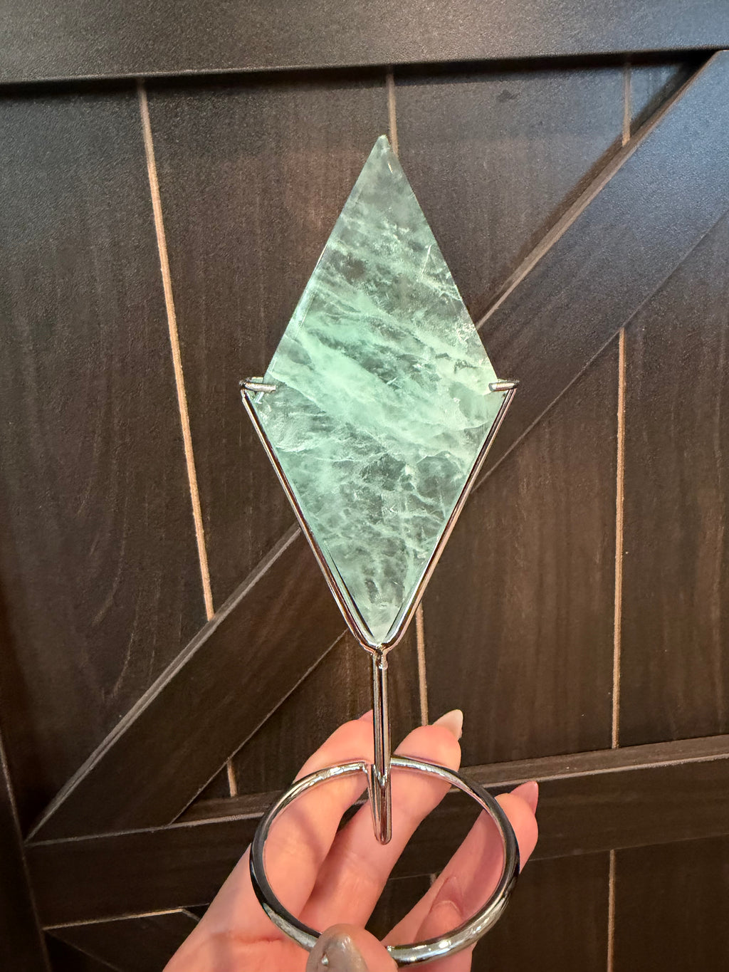Green Fluorite Diamond Carving on Silver Metal Stand - UV Reactive Decor