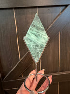 Green Fluorite Diamond Carving on Silver Metal Stand - UV Reactive Decor