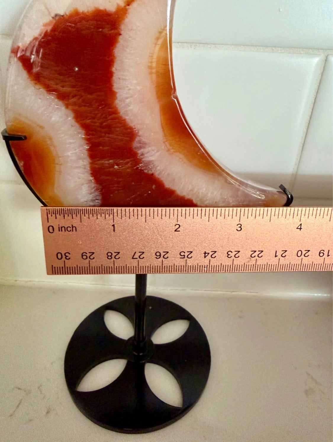 Beautiful Carnelian Agate Crescent Moon on Stand - Orange Red Natural Stone Decor