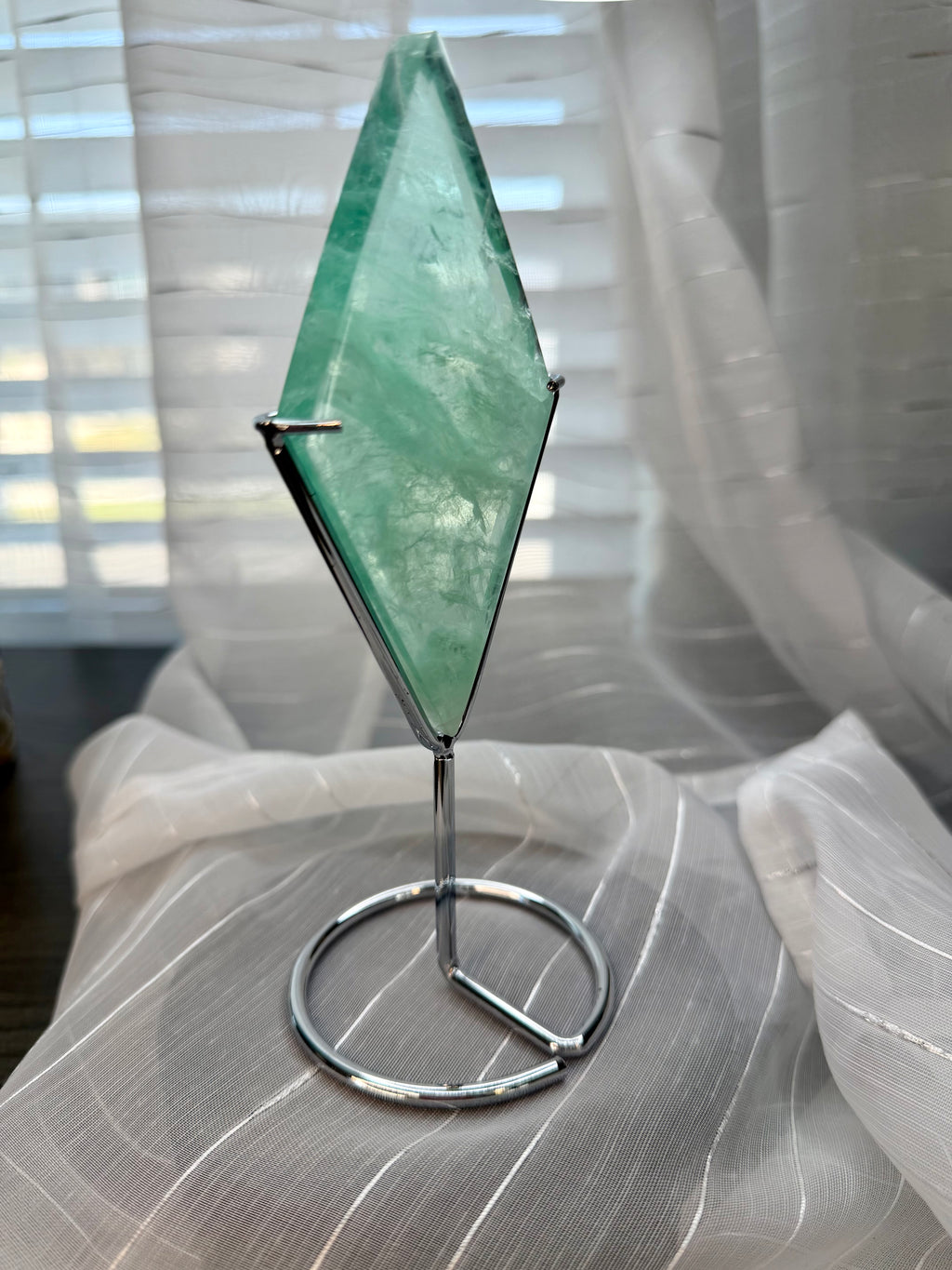 Green Fluorite Diamond Carving on Silver Metal Stand - UV Reactive Decor