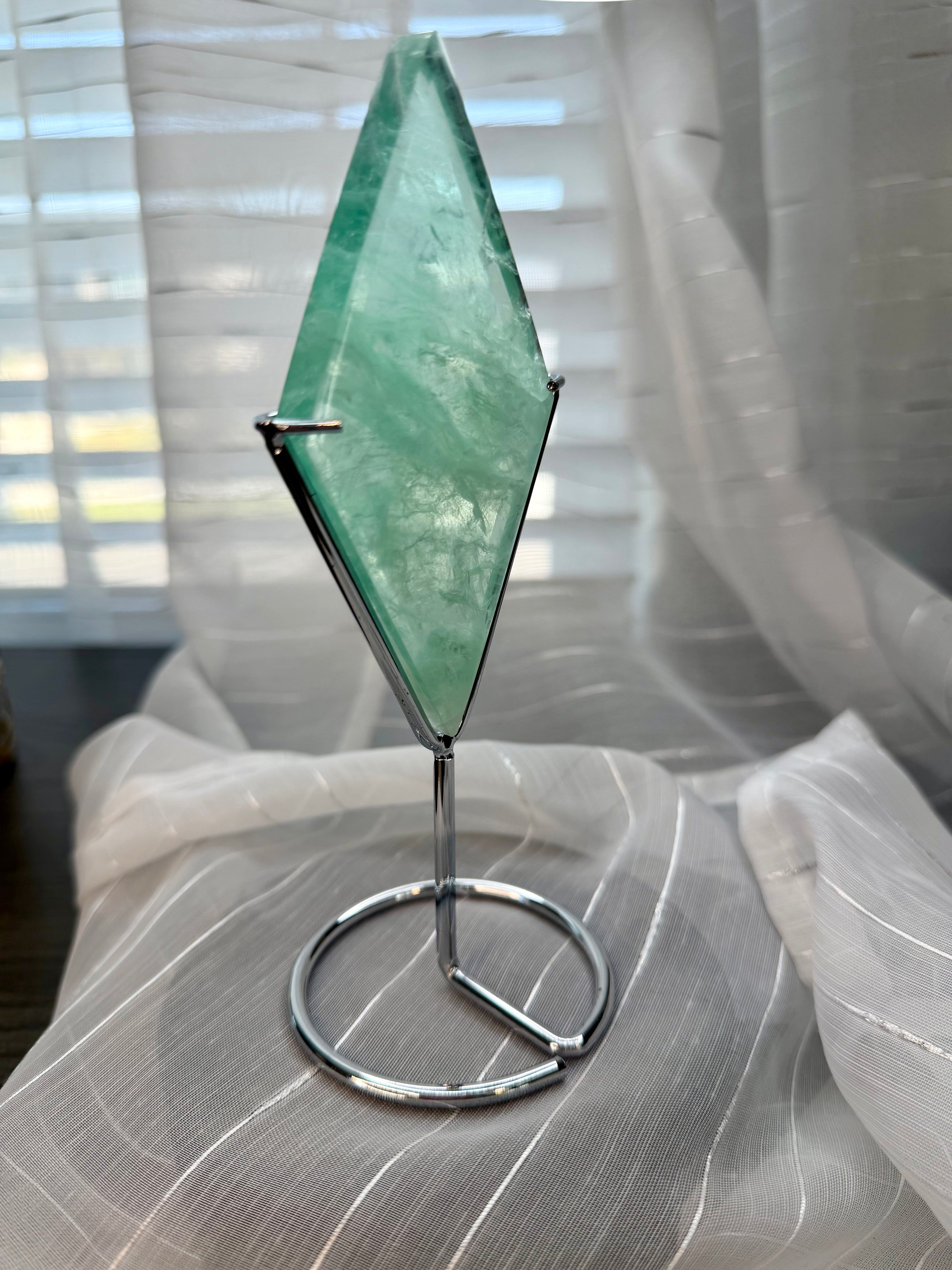 Green Fluorite Diamond Carving on Silver Metal Stand - UV Reactive Decor