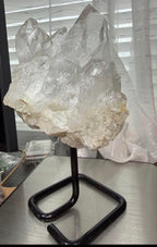 Large Brazilian Clear Quartz Crystal Cluster on Black Metal Stand - 2 lb 10.5 oz Natural Stone Decor