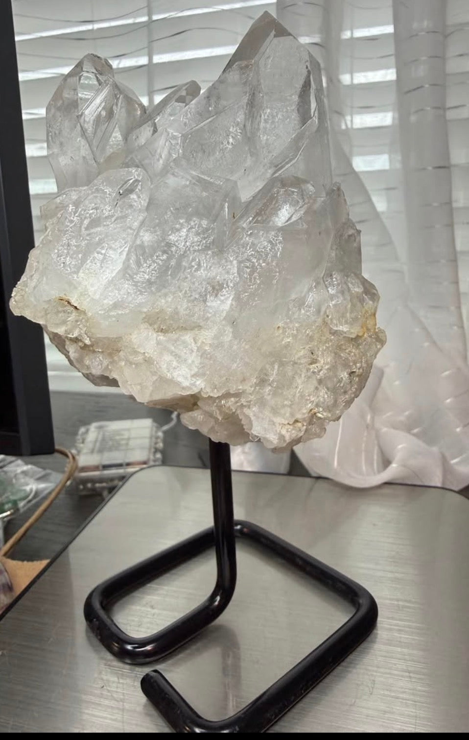 Large Brazilian Clear Quartz Crystal Cluster on Black Metal Stand - 2 lb 10.5 oz Natural Stone Decor