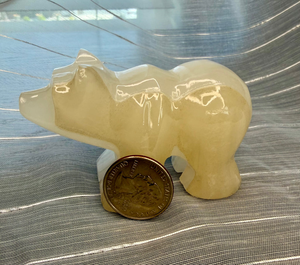 White Onyx Bear Carving - UV Reactive Banded Calcite Grizzly Figurine
