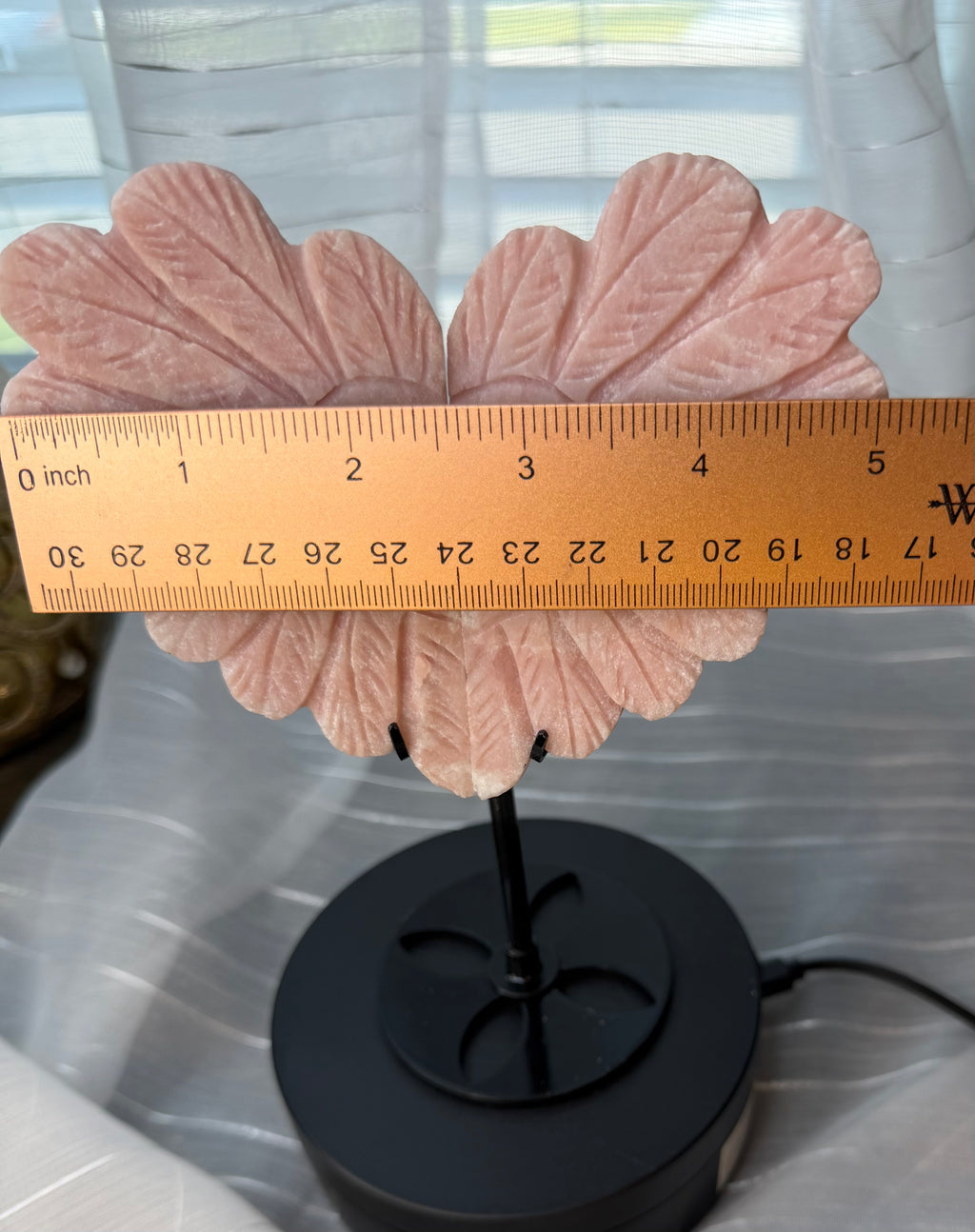 Pink Opal Angel Wing
Carving with Heart Cutout on Stand - Natural Stone Decor