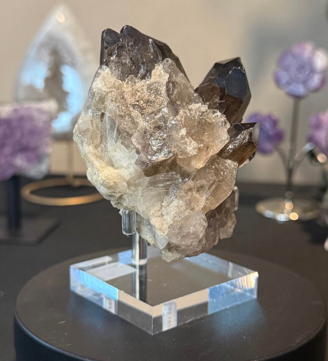Smoky Quartz Cluster on Display Stand