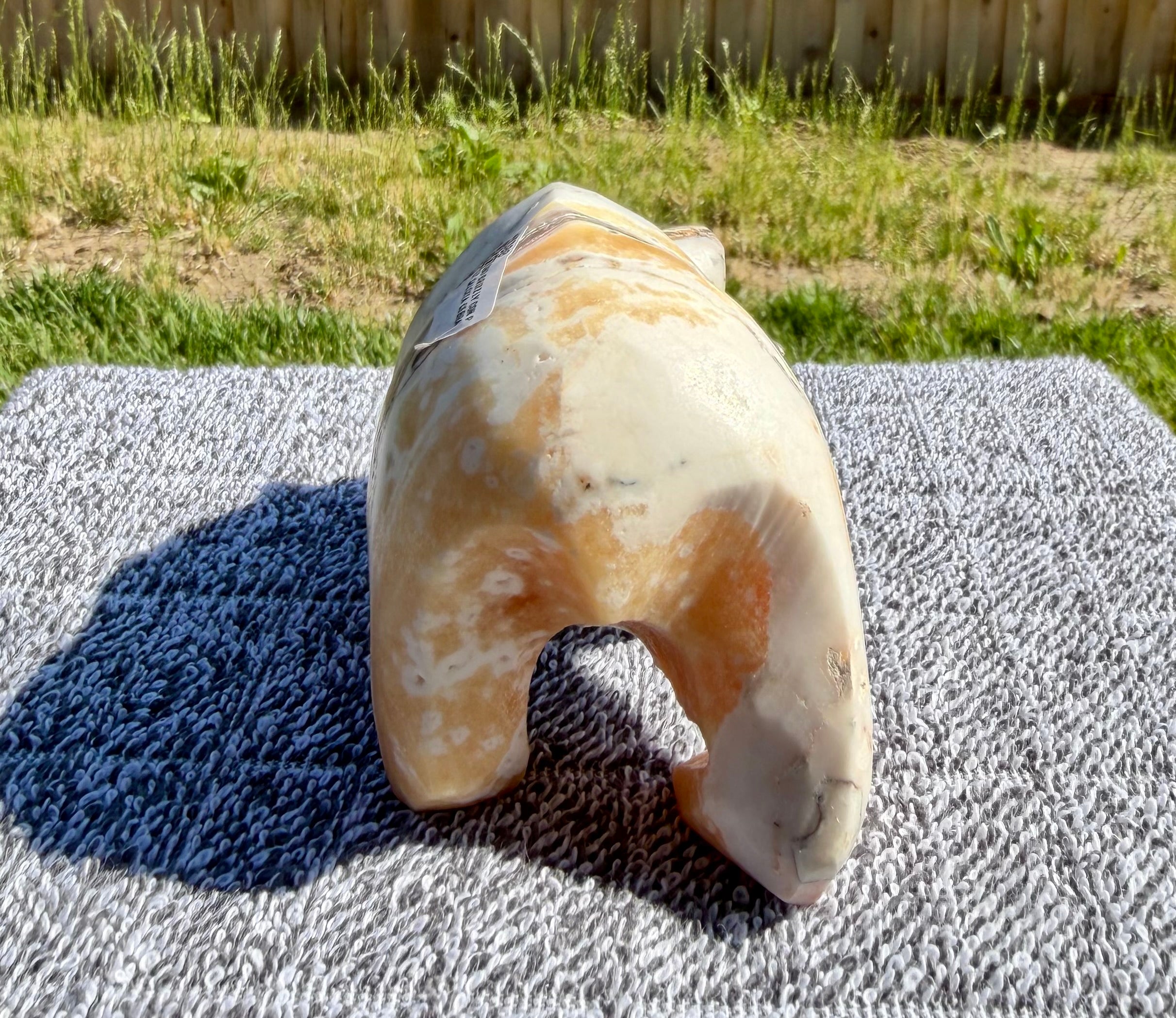 Zebra Calcite Grizzly Bear with Blue Onyx Fish - Banded Calcite Carving