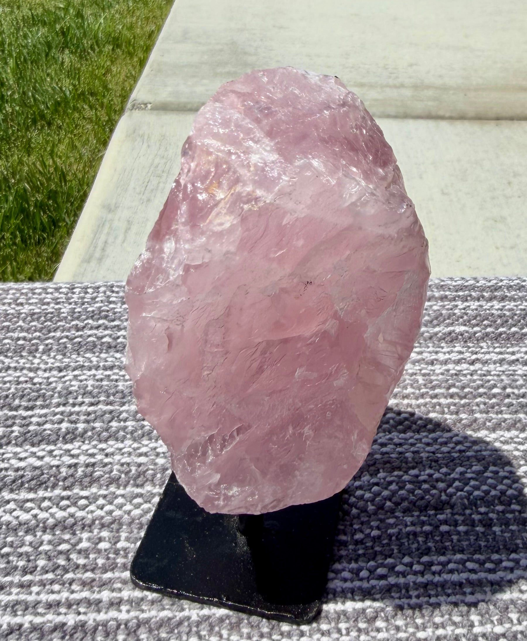 Large Natural Raw Rose Quartz Stone on Metal Stand