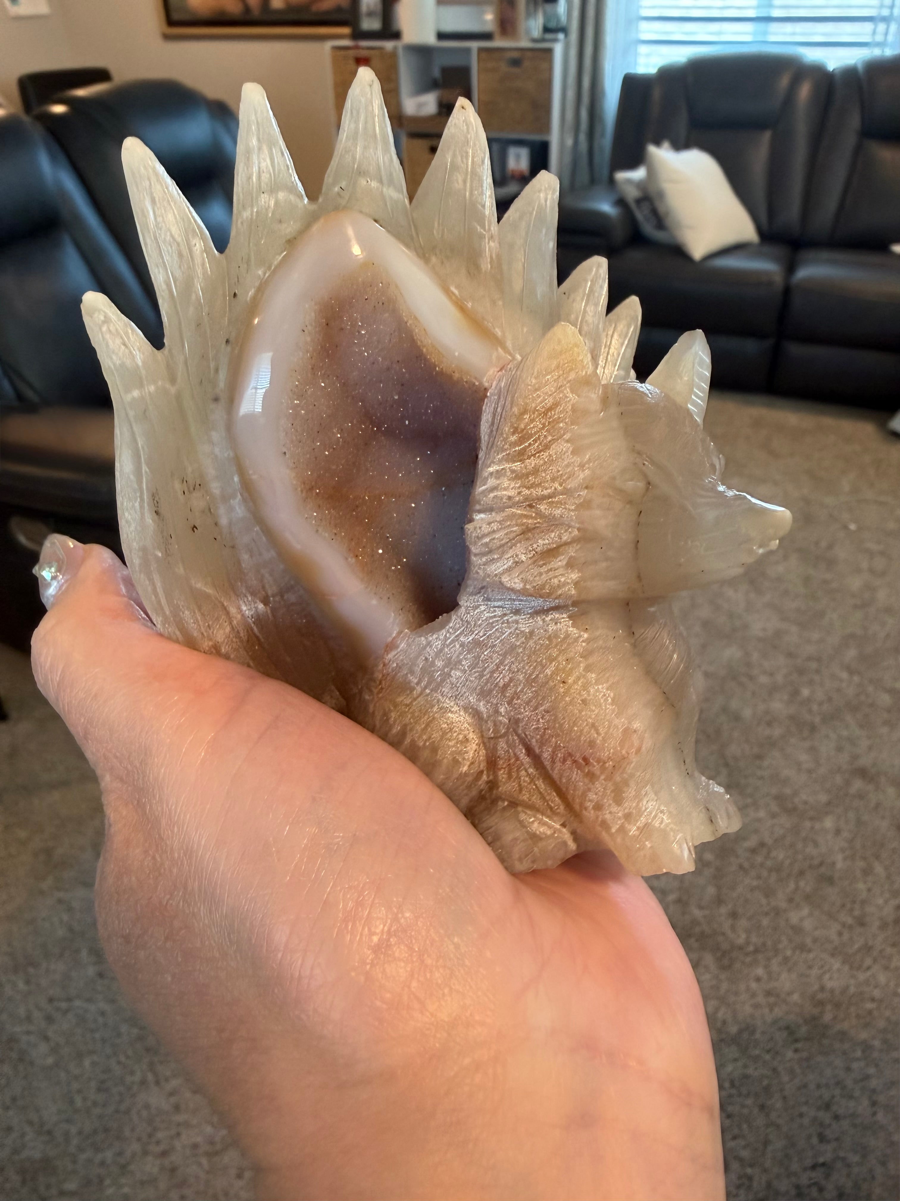 Druzy Agate 9-Tail Fox Carving - Crystal Kitsune Fox Statue