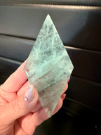 Green Fluorite Diamond Carving on Silver Metal Stand - UV Reactive Decor