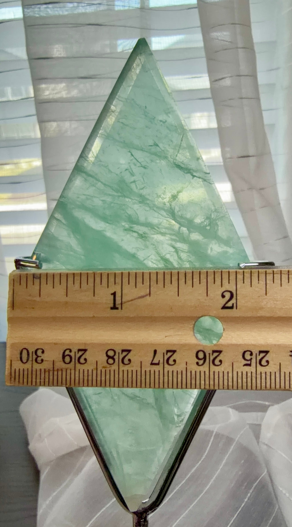 Green Fluorite Diamond Carving on Silver Metal Stand - UV Reactive Decor