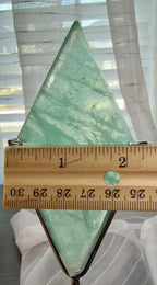 Green Fluorite Diamond Carving on Silver Metal Stand - UV Reactive Decor