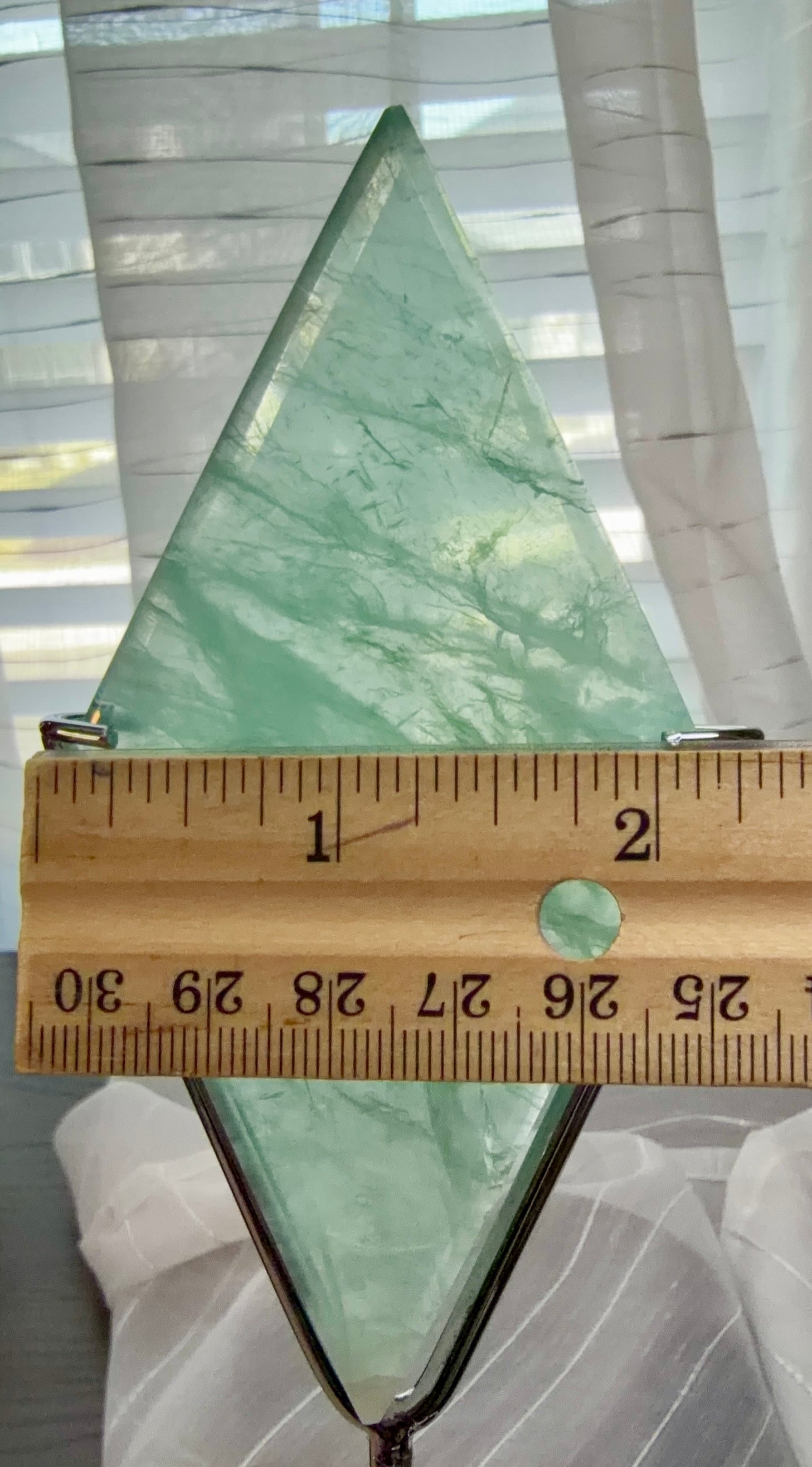 Green Fluorite Diamond Carving on Silver Metal Stand - UV Reactive Decor