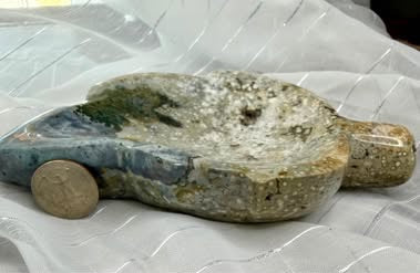 Carved Leaf Stone Bowl with Orb Patterns + Blue Green Color
