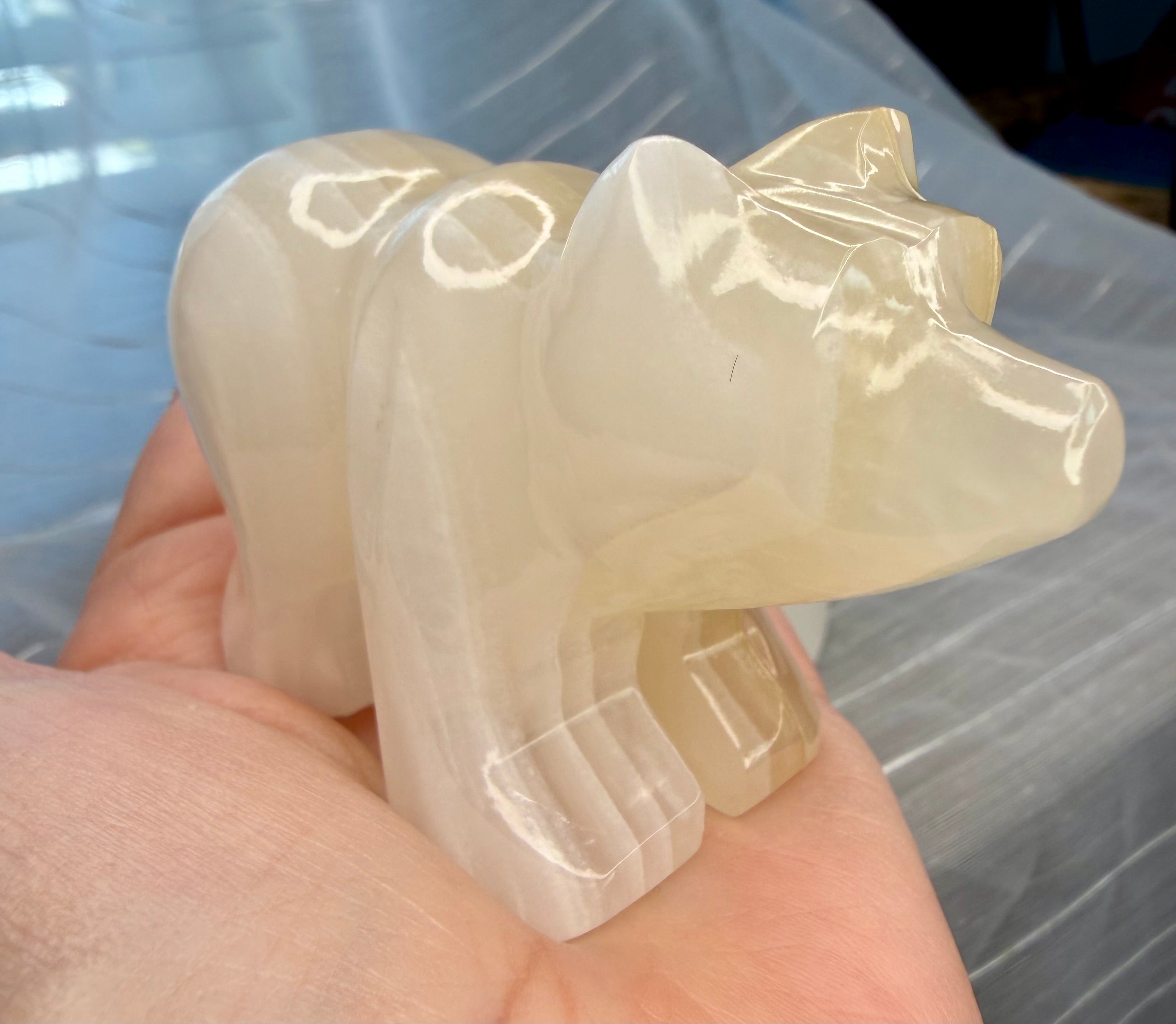 White Onyx Bear Carving - UV Reactive Banded Calcite Grizzly Figurine