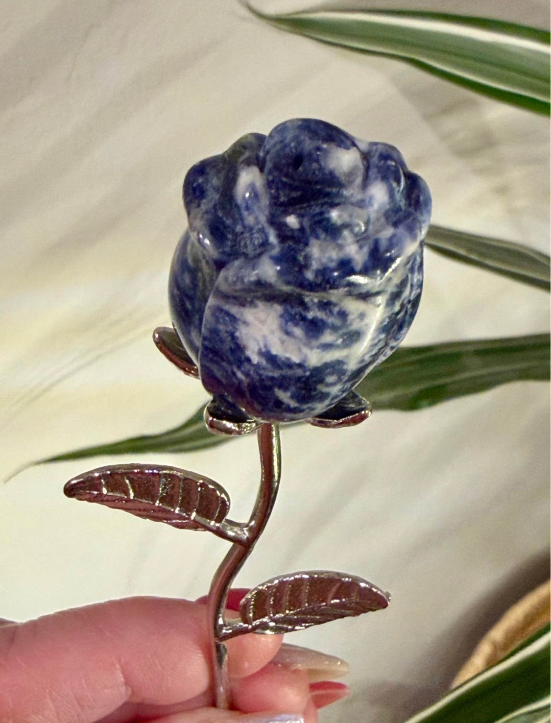 Sodalite Carved Rose on Silver Metal Stem - Natural Stone Flower Decor