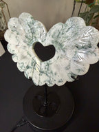 Tree Agate Heart Wing Carving with Stand