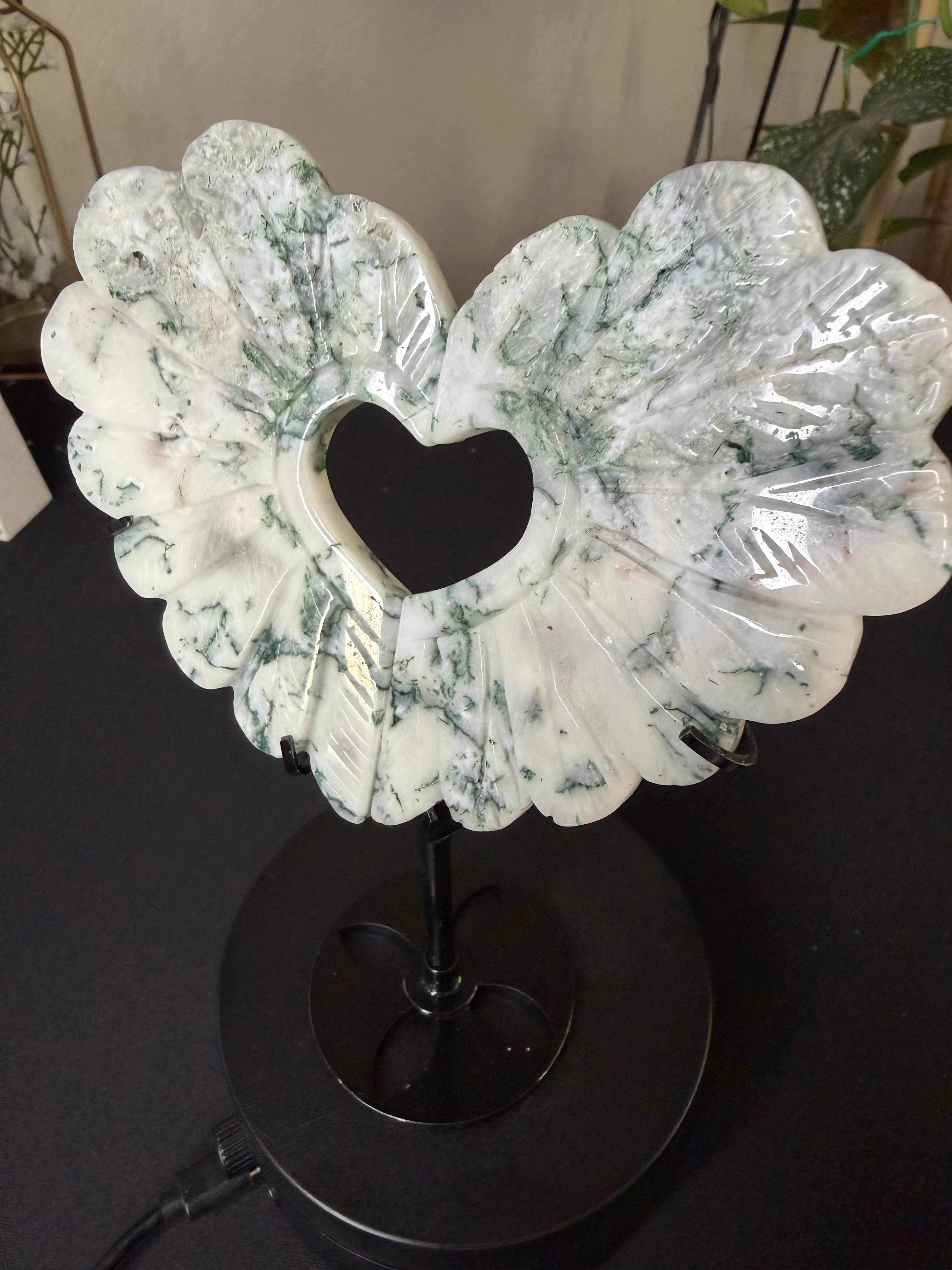 Tree Agate Heart Wing Carving with Stand