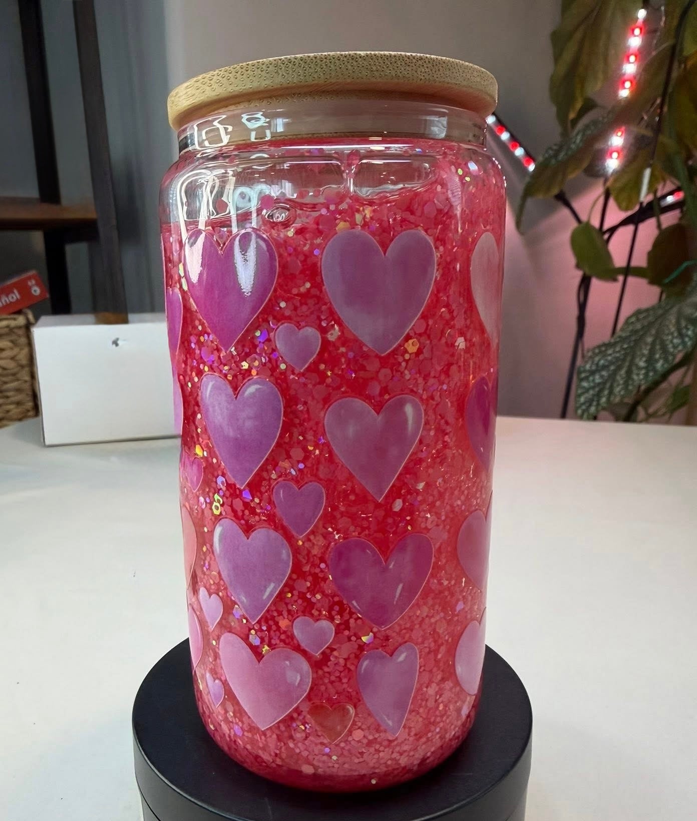 Pink Glitter Heart Snow Globe Cup