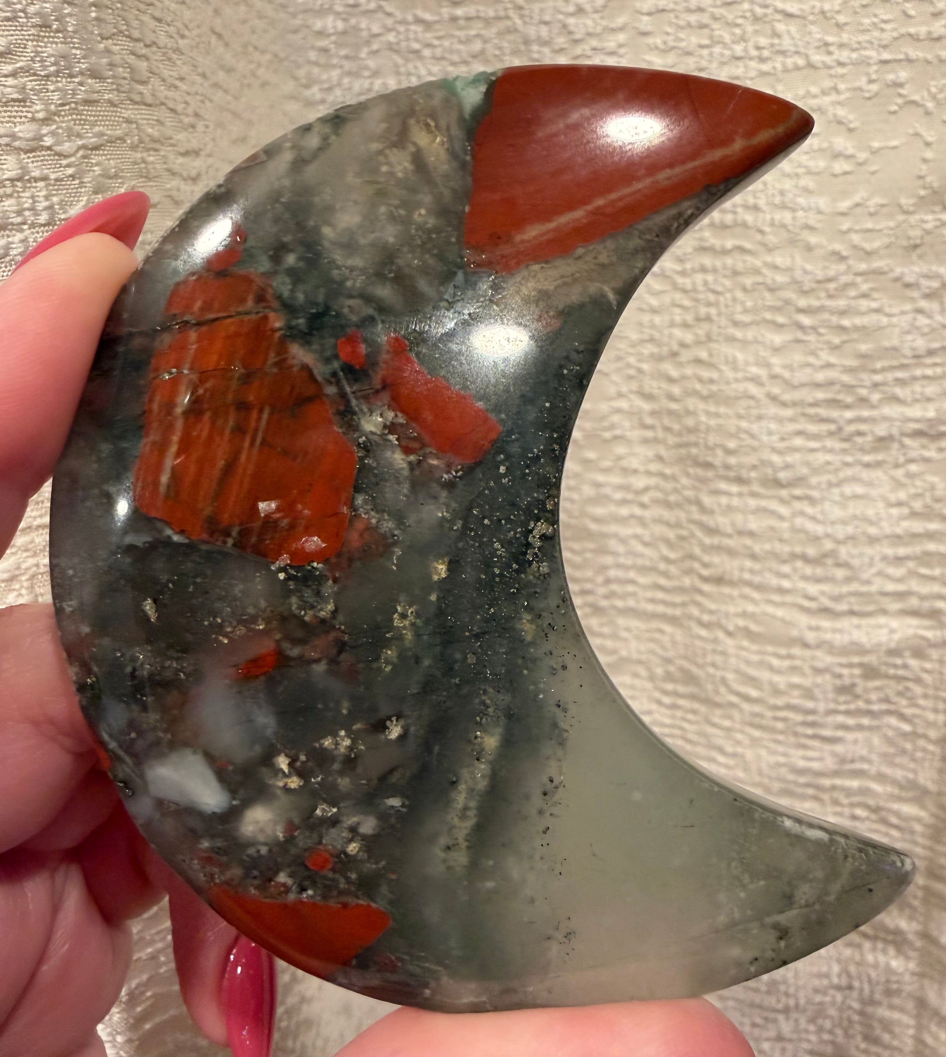 African Bloodstone Crescent Moon on Metal Stand - Natural Stone Decor