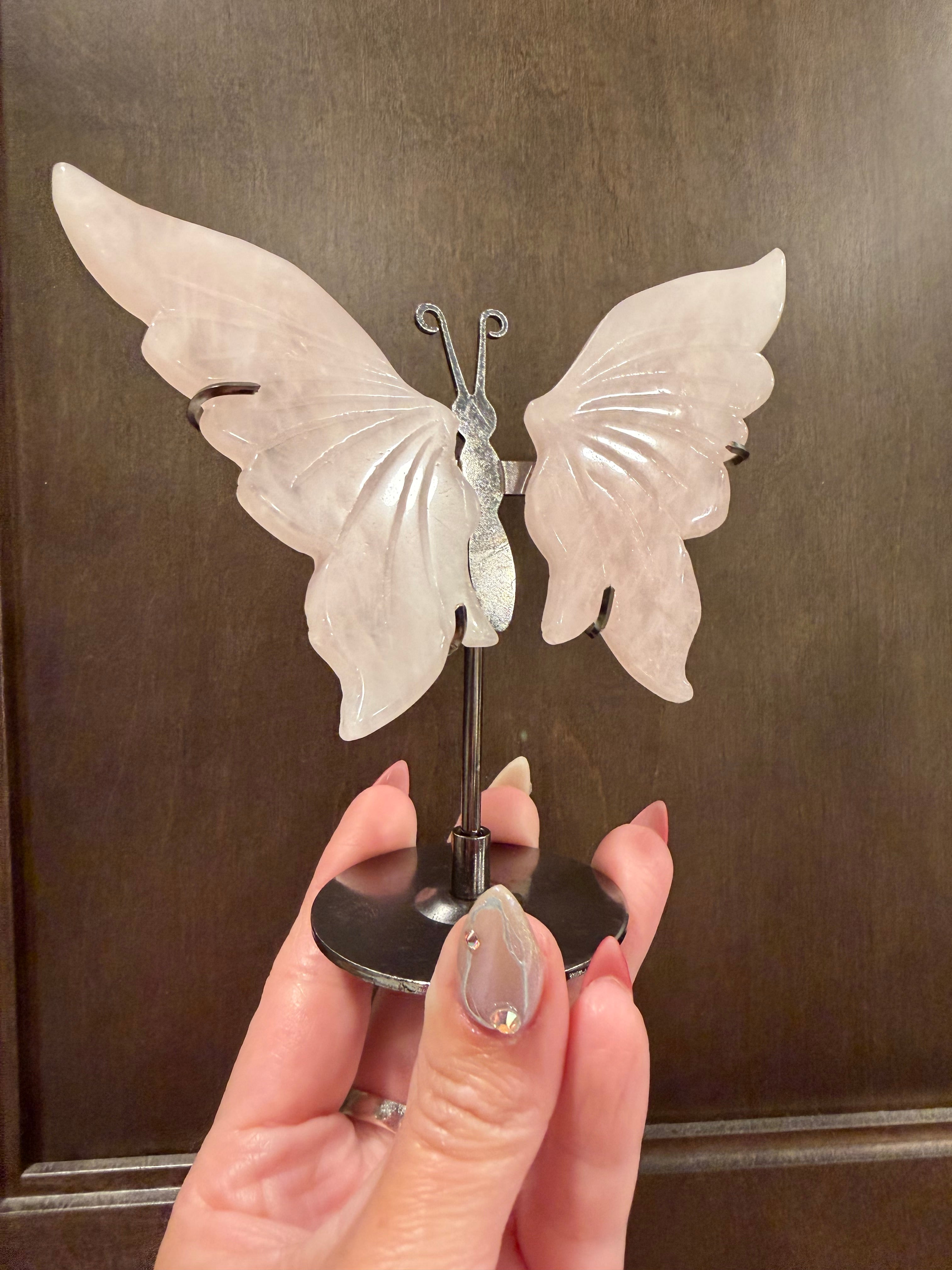 Rose Quartz Butterfly Wings on Metal Stand - Carved Natural Stone Decor