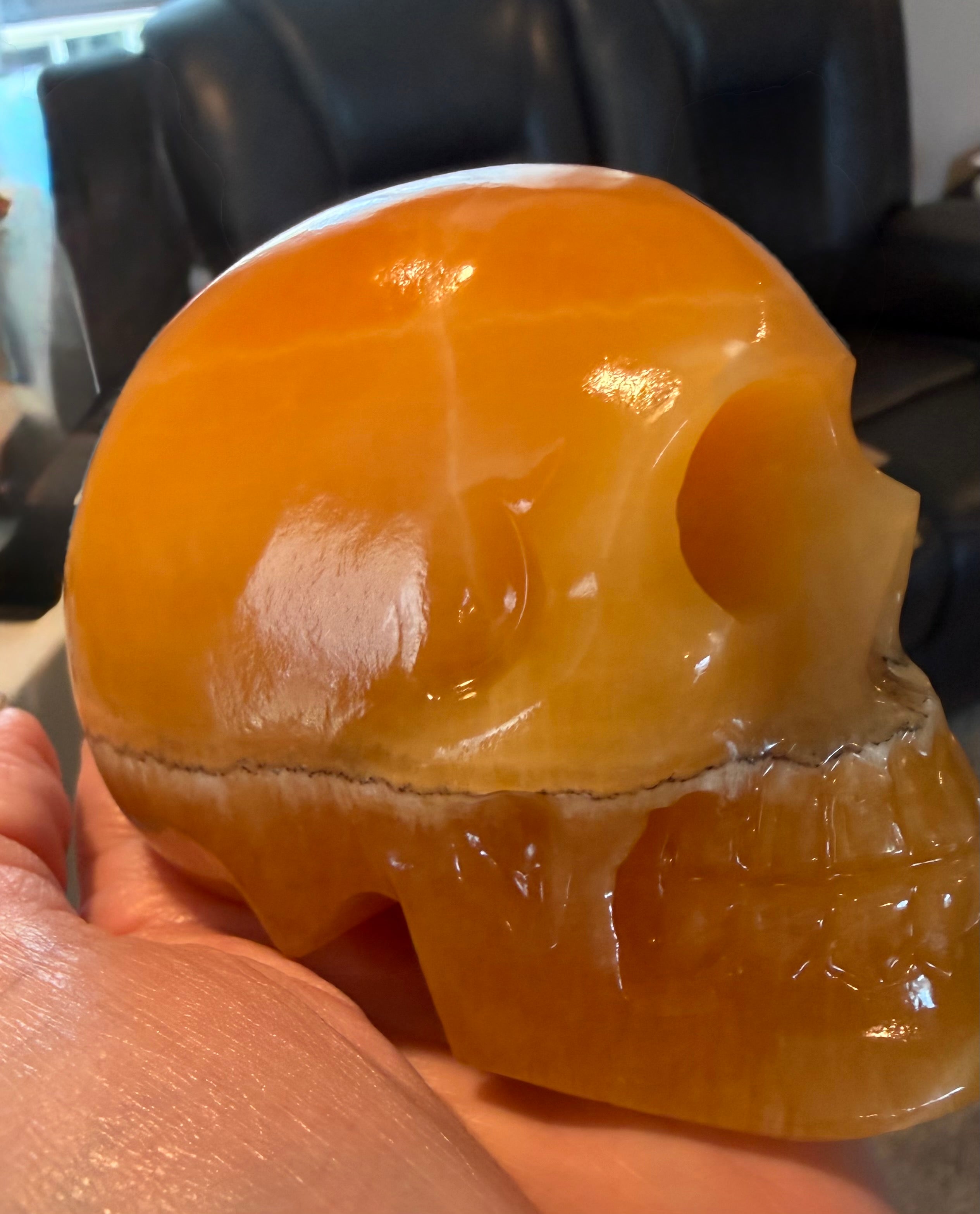 Gorgeous Honey Calcite Skull Carving - Banded Orange Calcite Crystal Skull