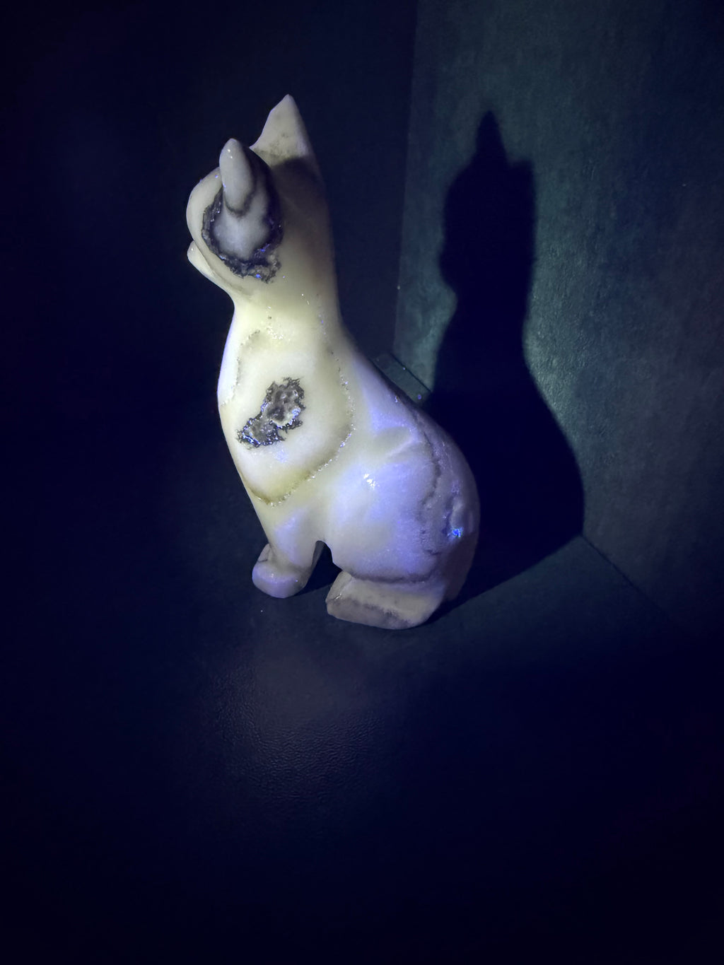 Zebra Calcite Sitting Cat Carving from Mexico - UV Reactive Stone Figurine