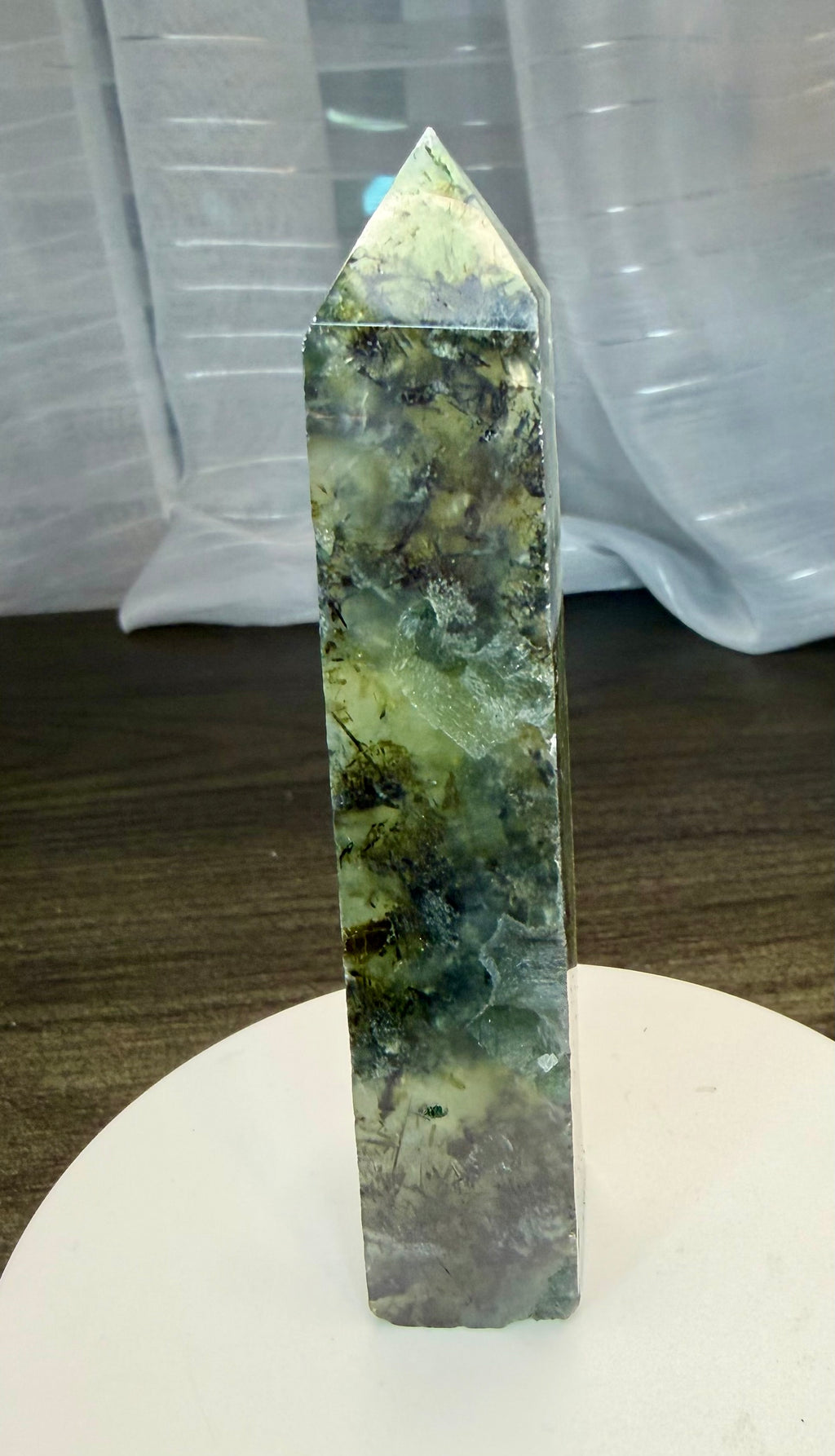 Prehnite with Epidote Crystal Tower Point - Half Polished Half Raw