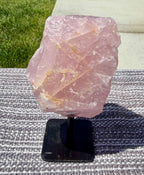 Large Natural Raw Rose Quartz Stone on Metal Stand