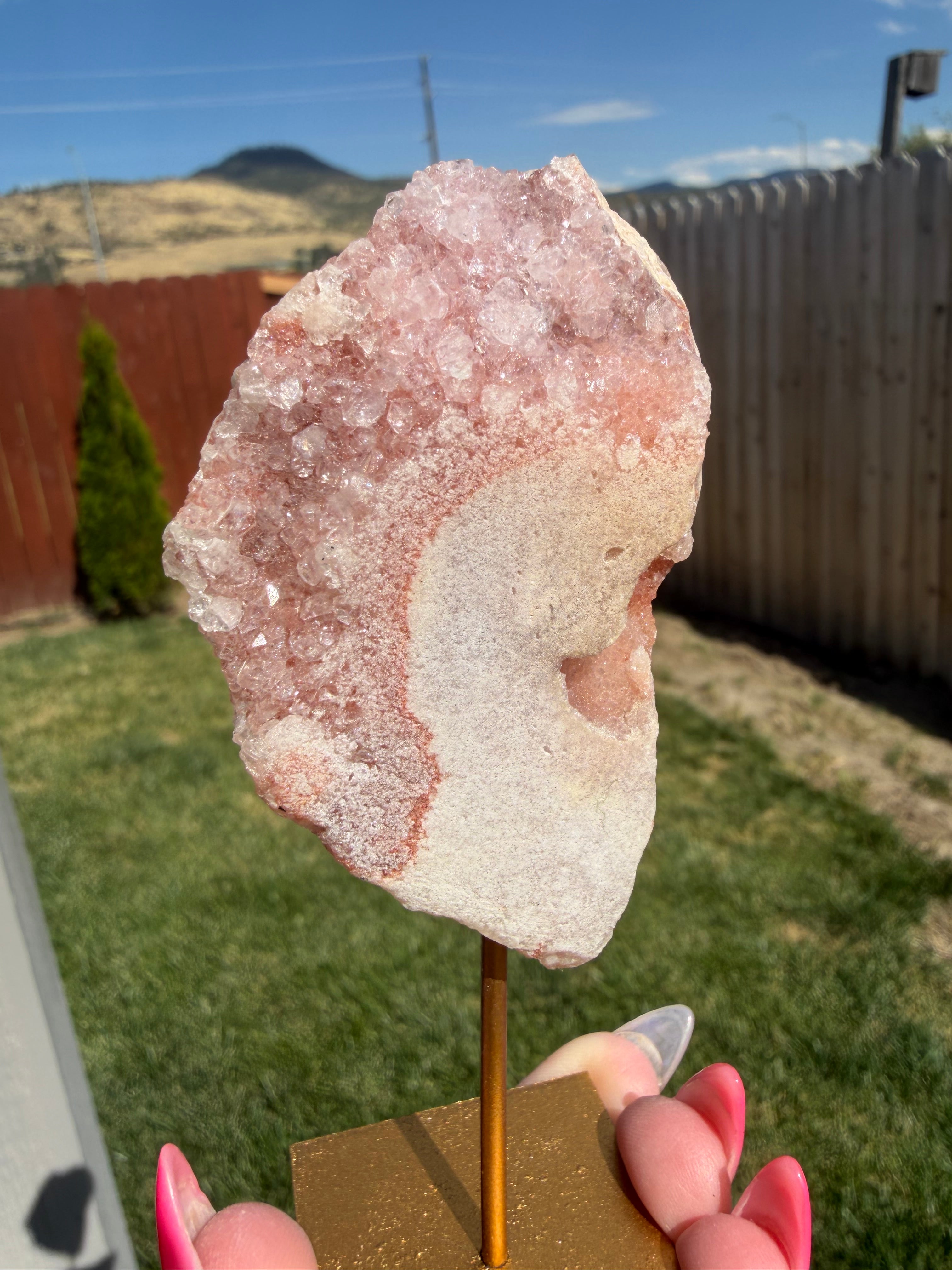 Pink Amethyst Druzy Slice on Gold Metal Stand - Natural Crystal Display