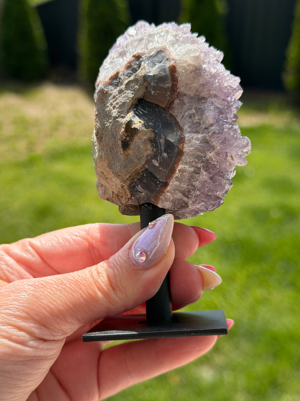 Amethyst Crystal Cluster on Metal Stand - Natural Purple Quartz Specimen