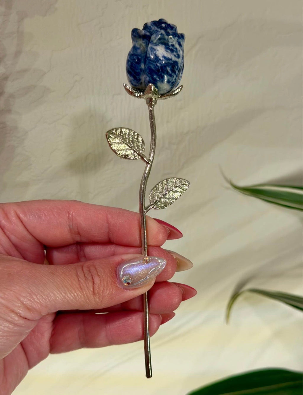 Sodalite Carved Rose on Silver Metal Stem - Natural Stone Flower Decor
