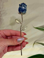 Sodalite Carved Rose on Silver Metal Stem - Natural Stone Flower Decor