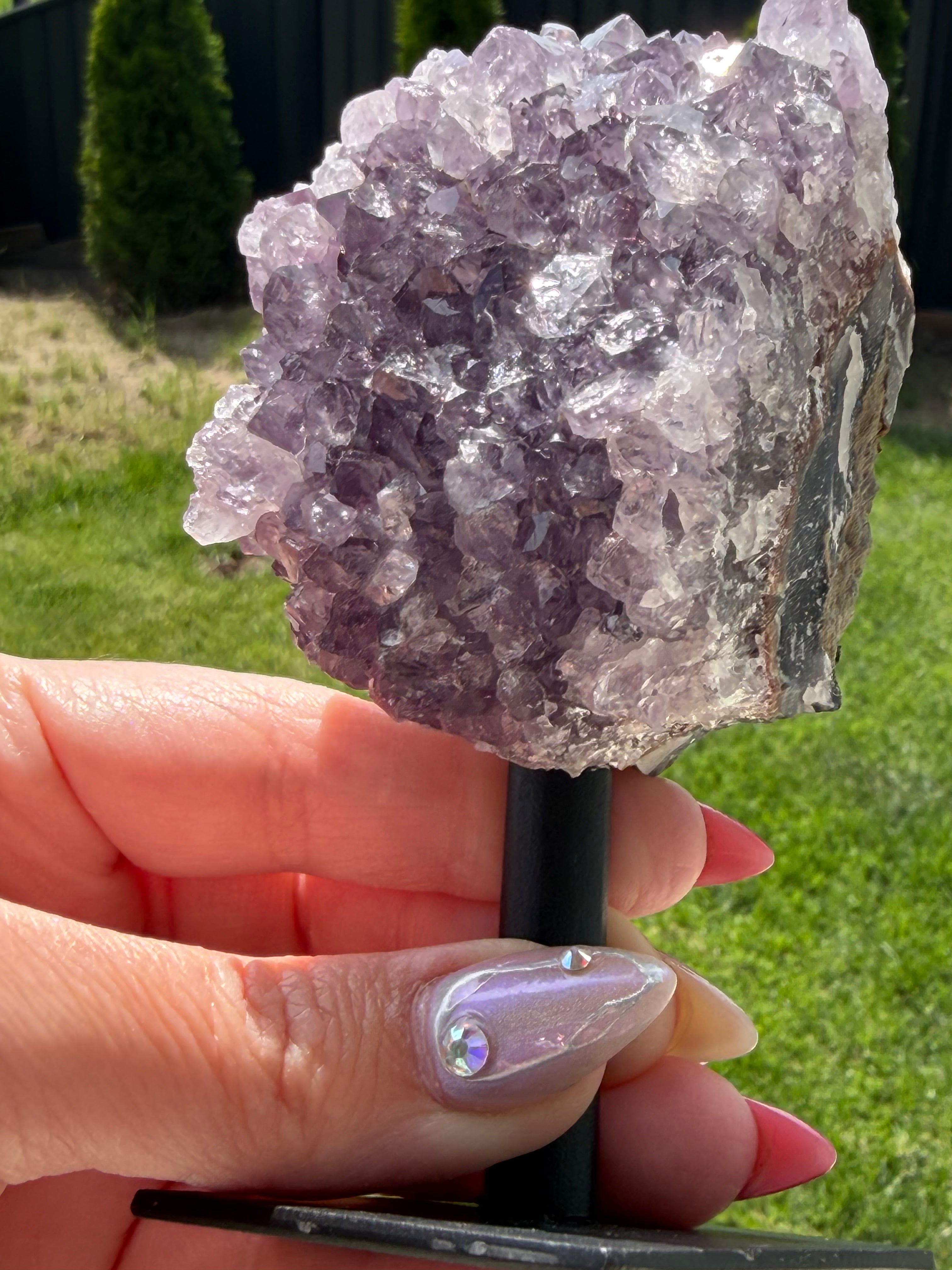 Amethyst Crystal Cluster on Metal Stand - Natural Purple Quartz Specimen