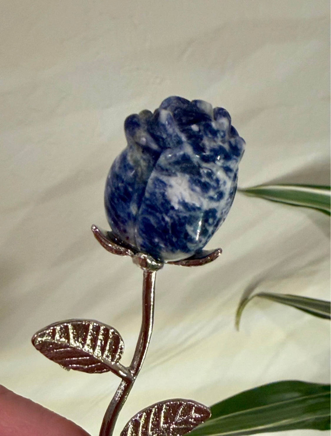 Sodalite Carved Rose on Silver Metal Stem - Natural Stone Flower Decor