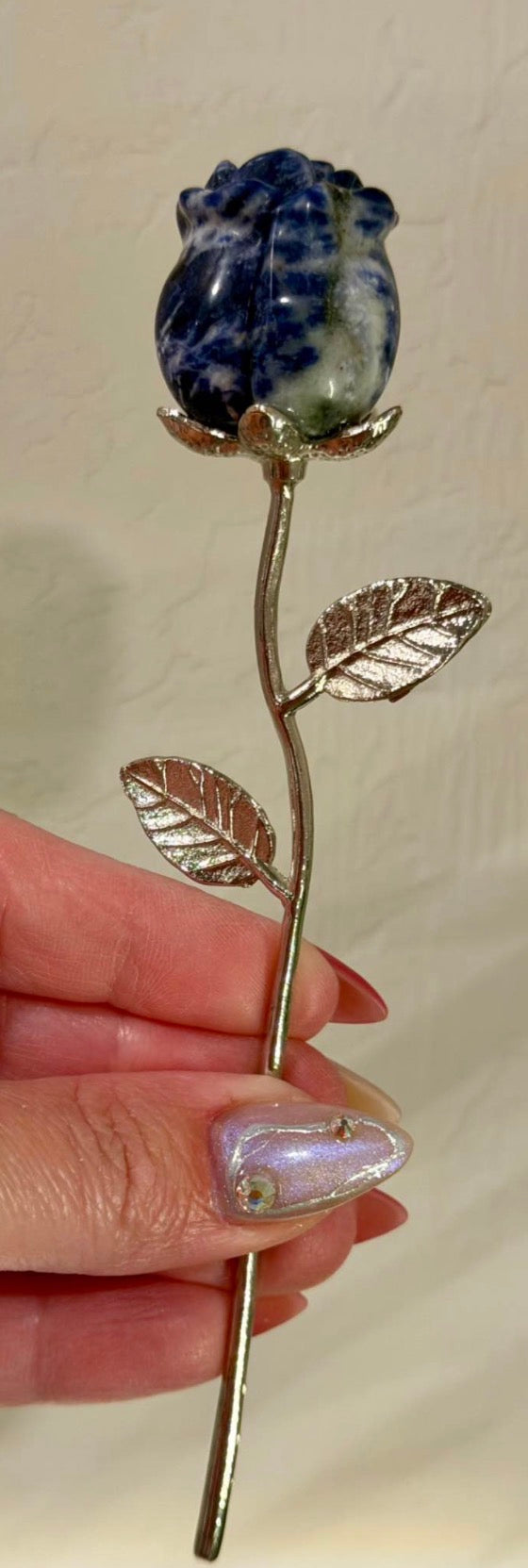Sodalite Carved Rose on Silver Metal Stem - Natural Stone Flower Decor