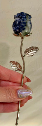 Sodalite Carved Rose on Silver Metal Stem - Natural Stone Flower Decor
