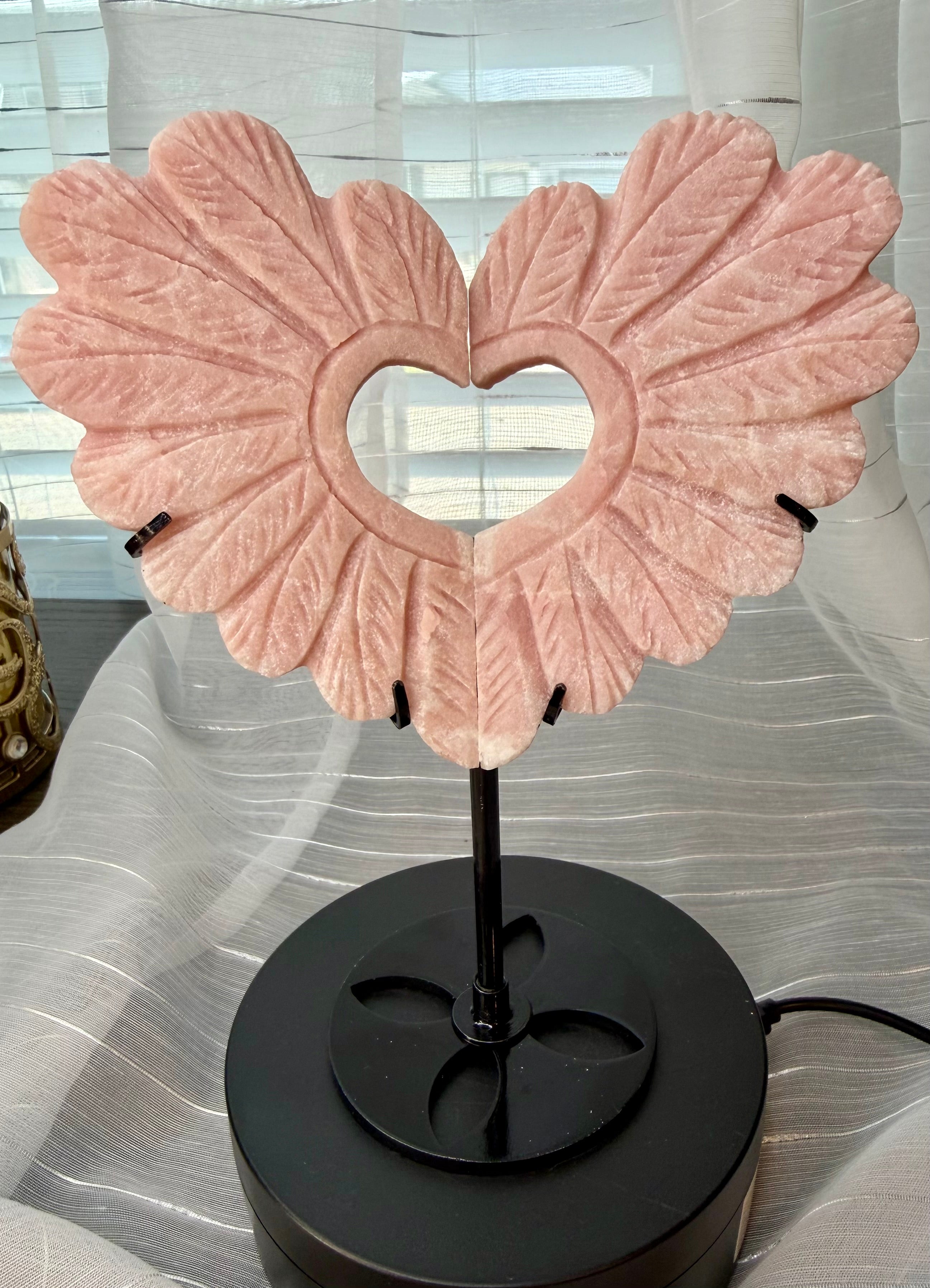 Pink Opal Angel Wing
Carving with Heart Cutout on Stand - Natural Stone Decor