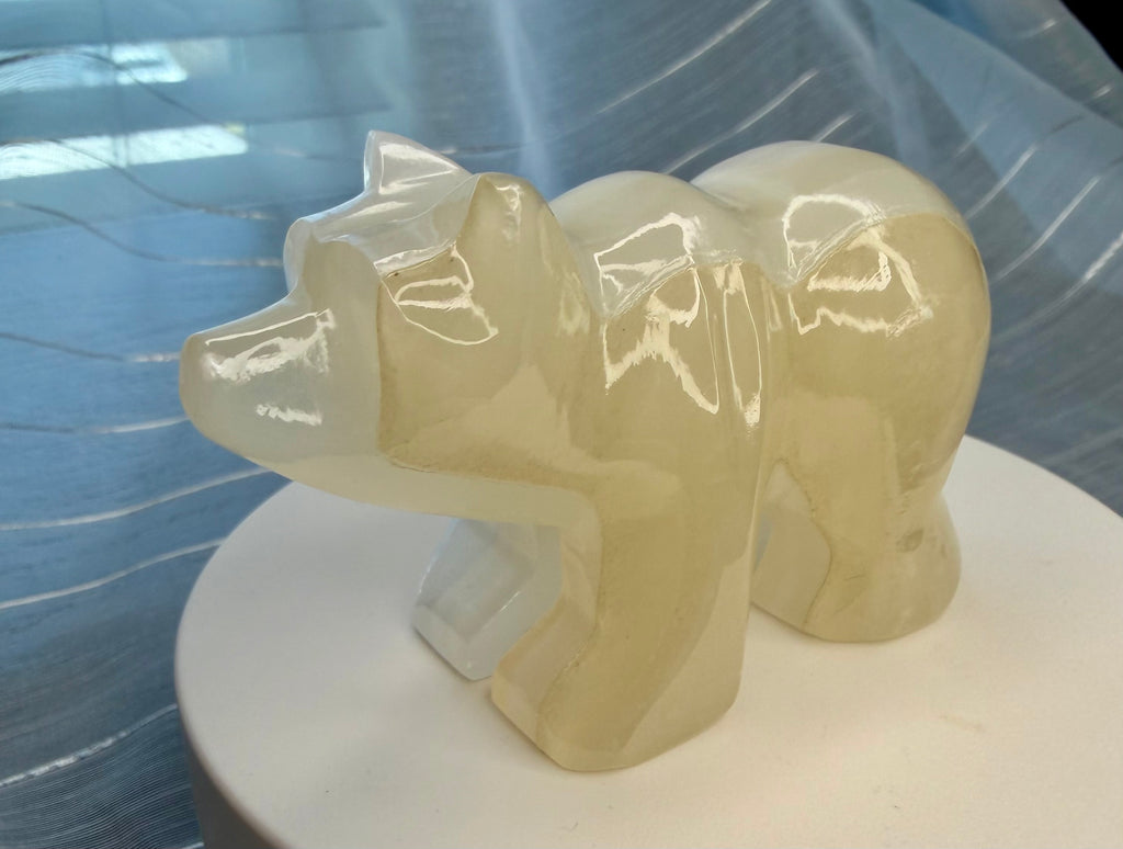 White Onyx Bear Carving - UV Reactive Banded Calcite Grizzly Figurine
