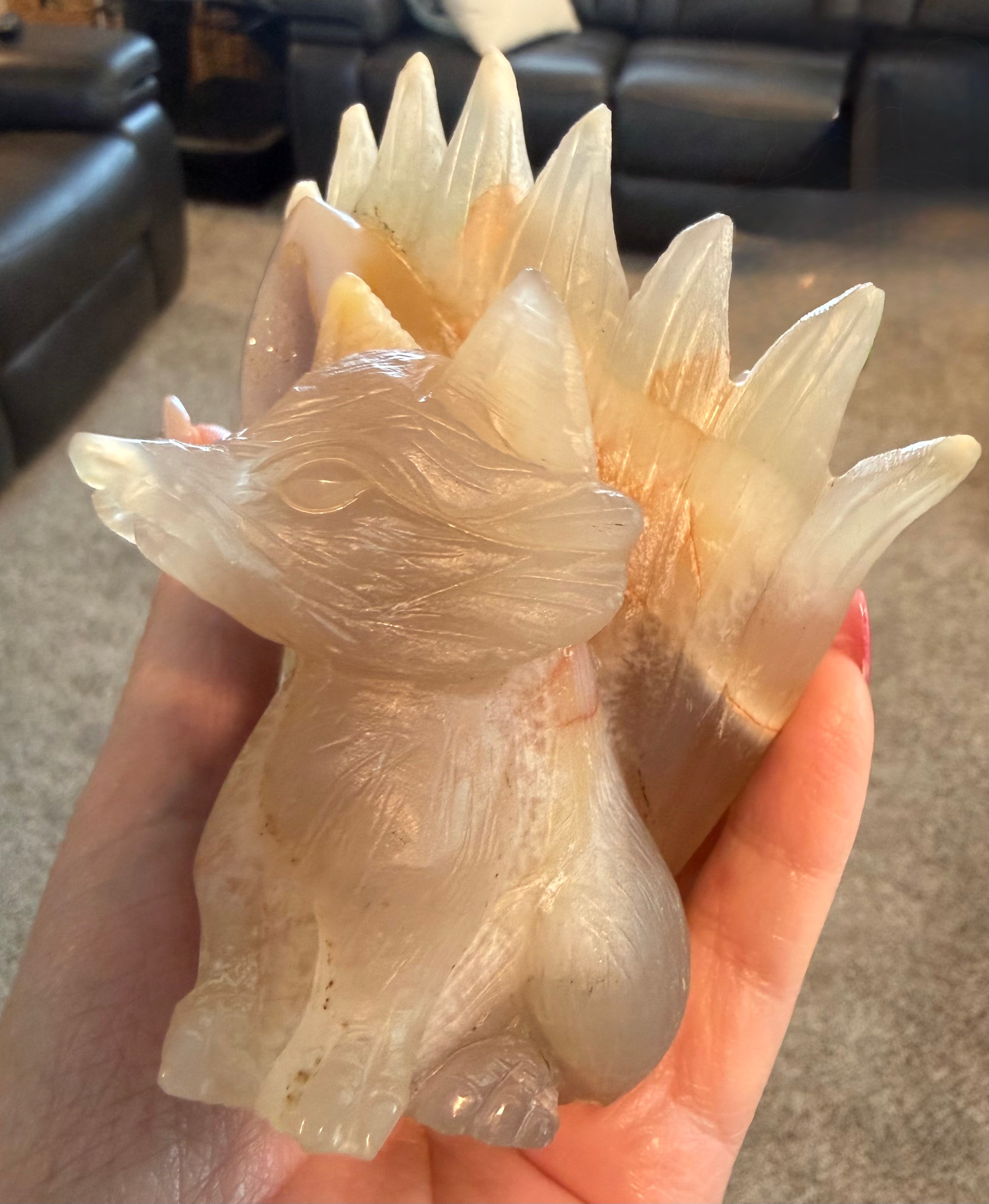 Druzy Agate 9-Tail Fox Carving - Crystal Kitsune Fox Statue