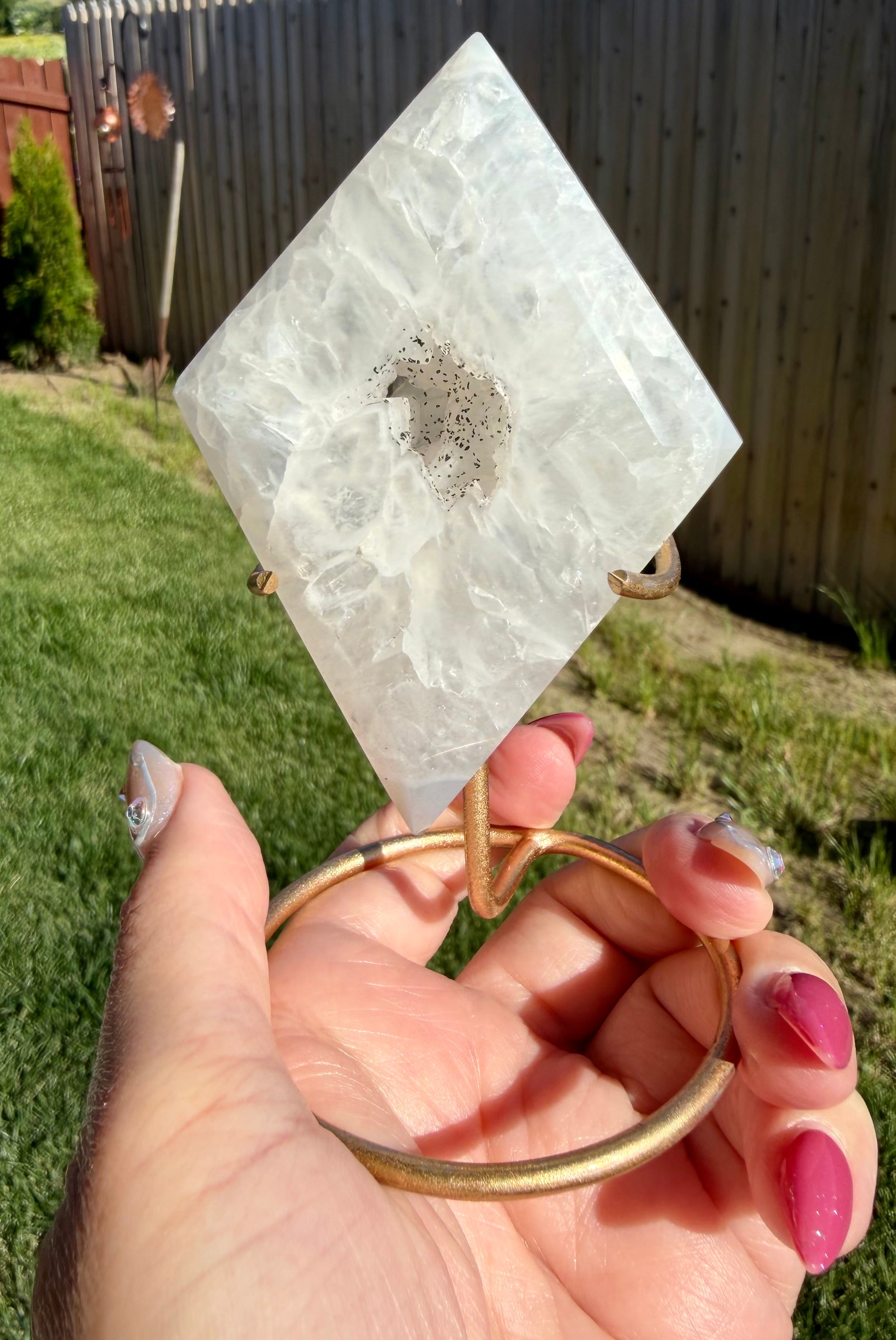 Druzy Quartz Crystal Diamond Carving on Gold Stand