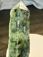 Prehnite with Epidote Crystal Tower Point - Half Polished Half Raw
