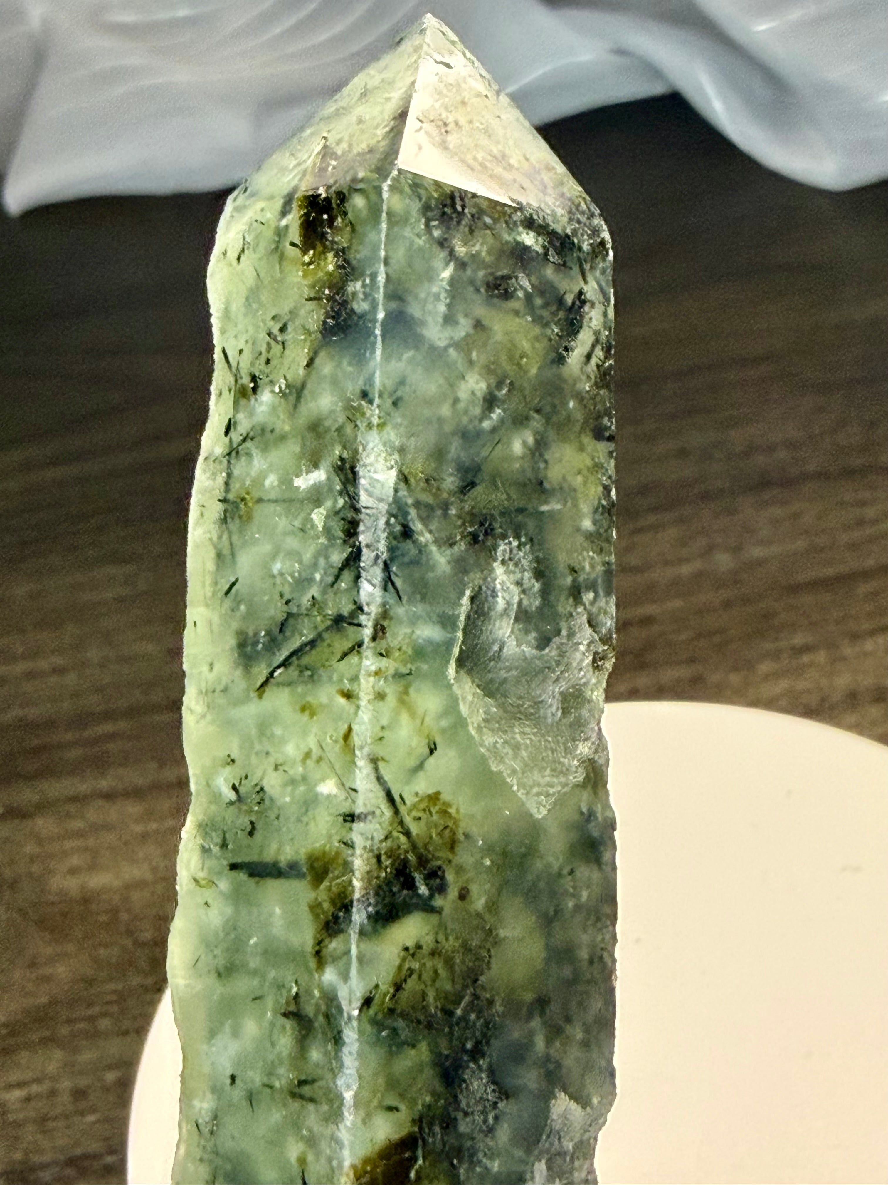 Prehnite with Epidote Crystal Tower Point - Half Polished Half Raw