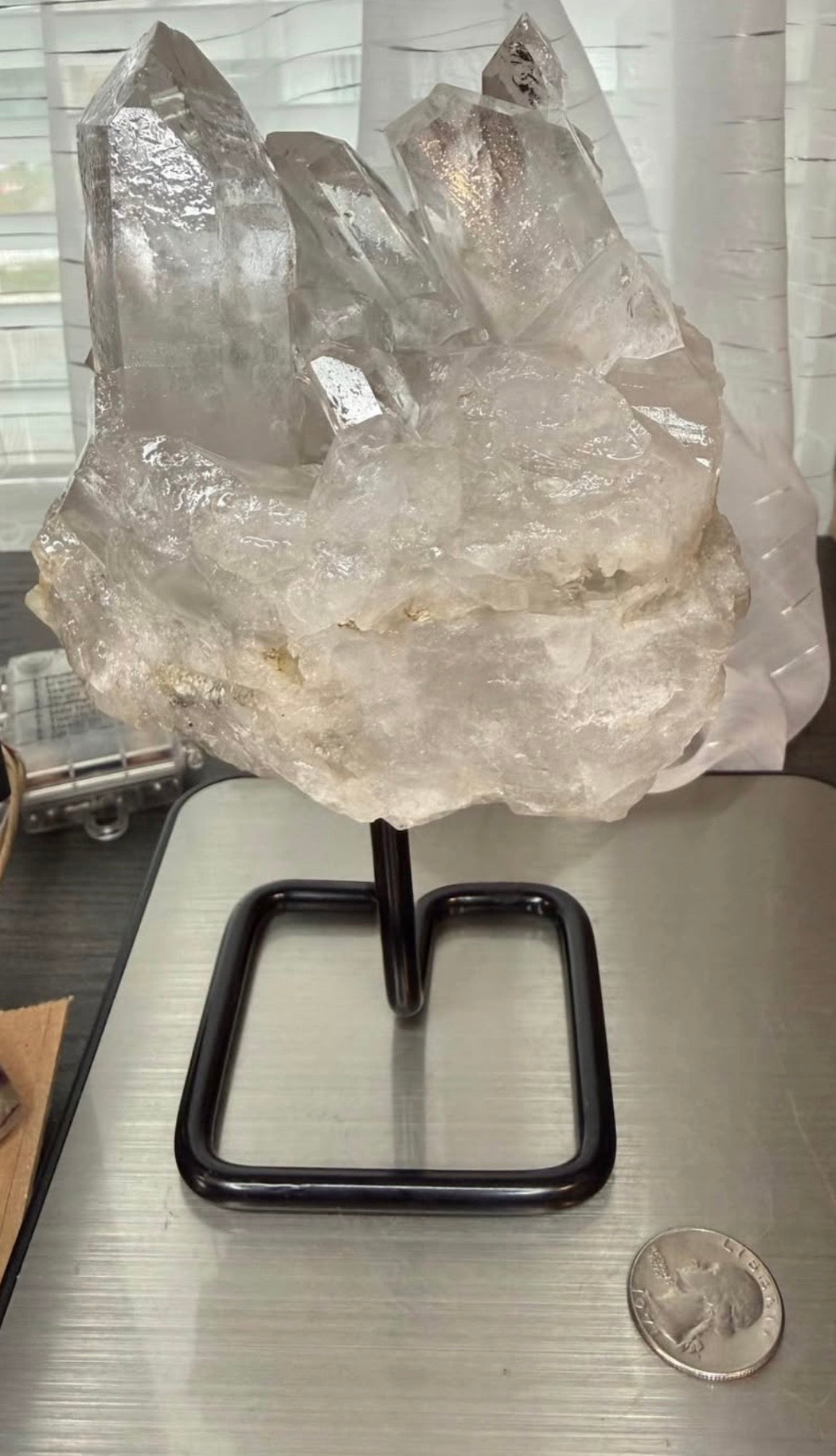 Large Brazilian Clear Quartz Crystal Cluster on Black Metal Stand - 2 lb 10.5 oz Natural Stone Decor